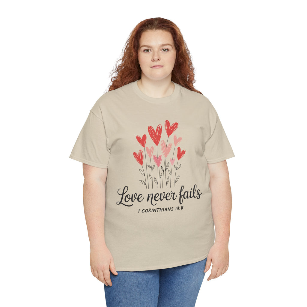 Christian Valentine T-Shirt — "Love Never Fails" (1 Corinthians 13:8) Unisex Cotton Tee