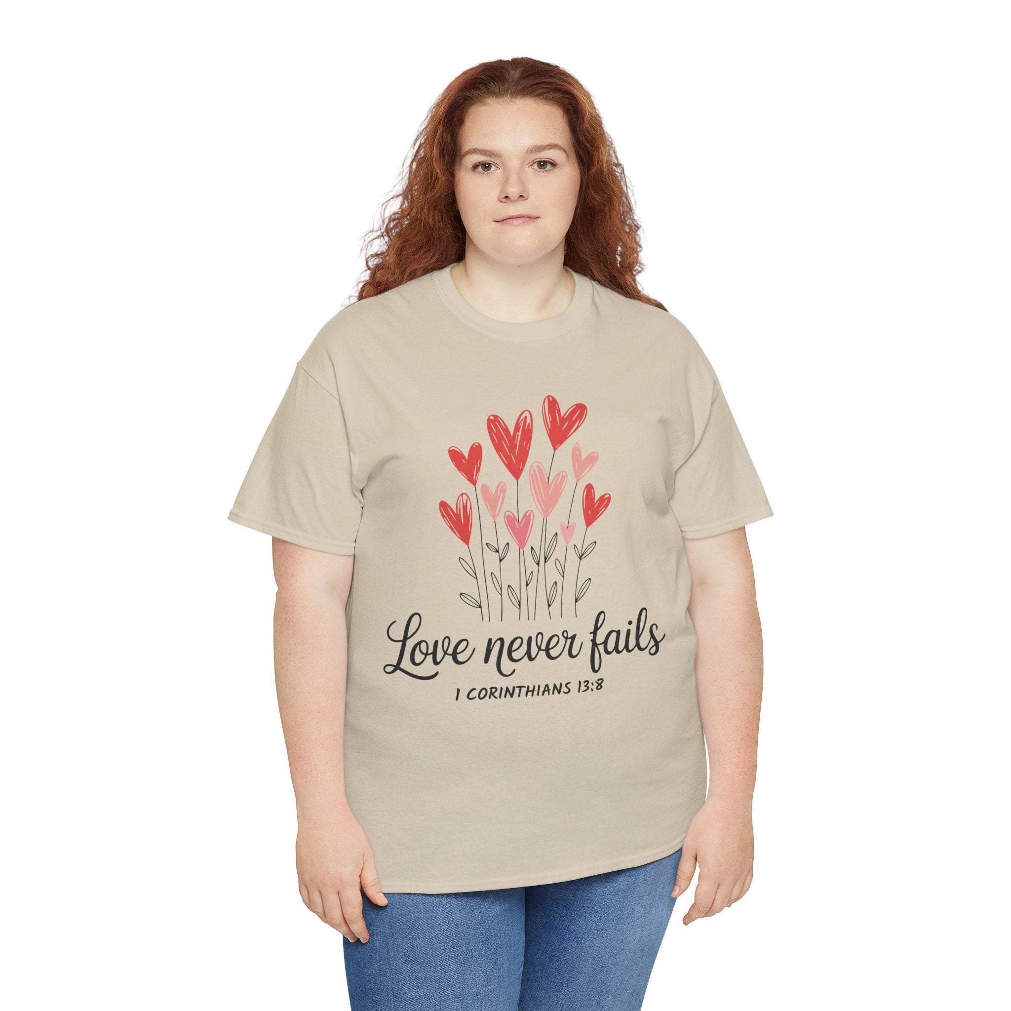 Christian Valentine T-Shirt — "Love Never Fails" (1 Corinthians 13:8) Unisex Cotton Tee