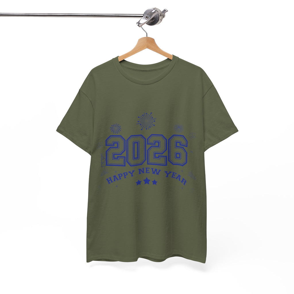 Happy New Year 2026 Varsity Tee — Fireworks & Confetti Celebration Unisex Cotton Tee
