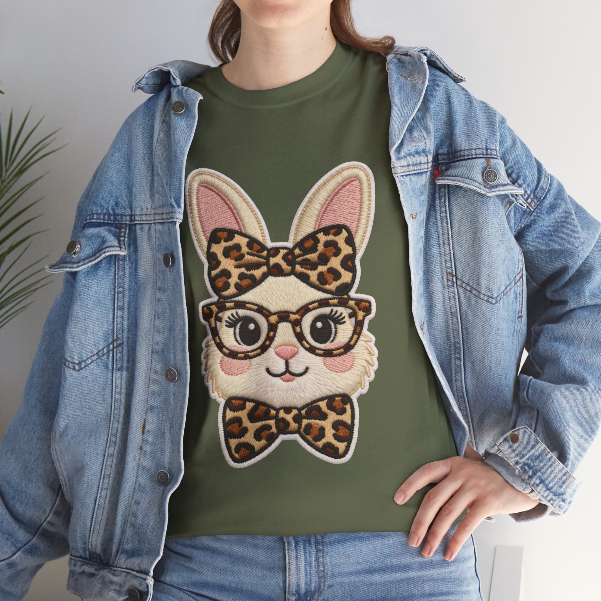 Leopard Bow Bunny Embroidered Tee — Cute Bunny Face with Glasses Patch Unisex Cotton Tee