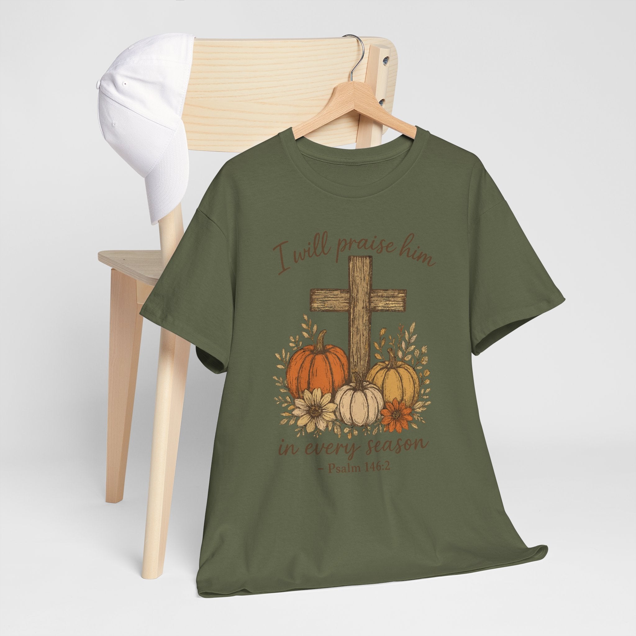 Psalm 146:2 Pumpkin Cross T-Shirt — I Will Praise Him in Every Season. Unisex Cotton Tee