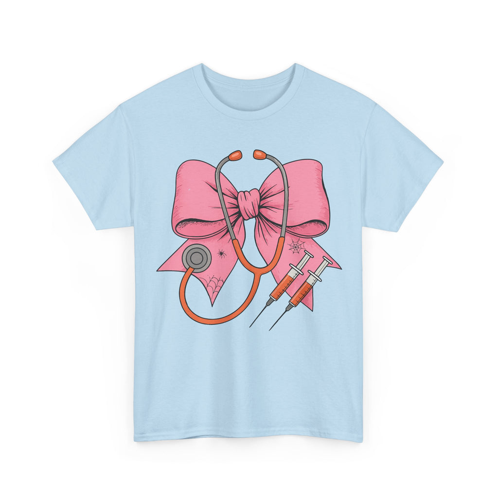 Halloween Nurse T‑Shirt — Pink Nurse Bow with Stethoscope, Syringes & Spider Webs..Unisex Cotton Tee