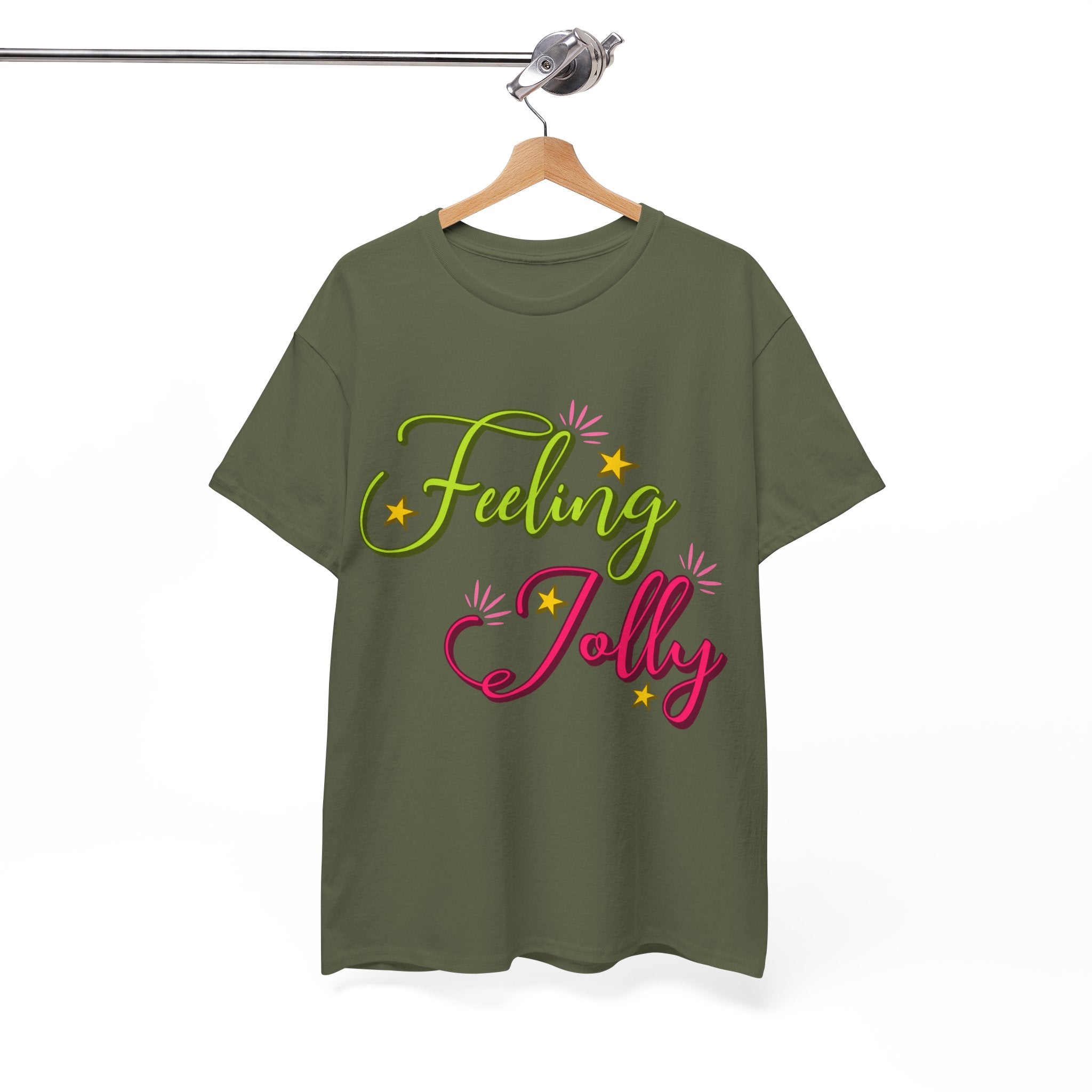 Feeling Jolly Tee — Festive Green & Pink Script with Yellow Stars Unisex Cotton Tee