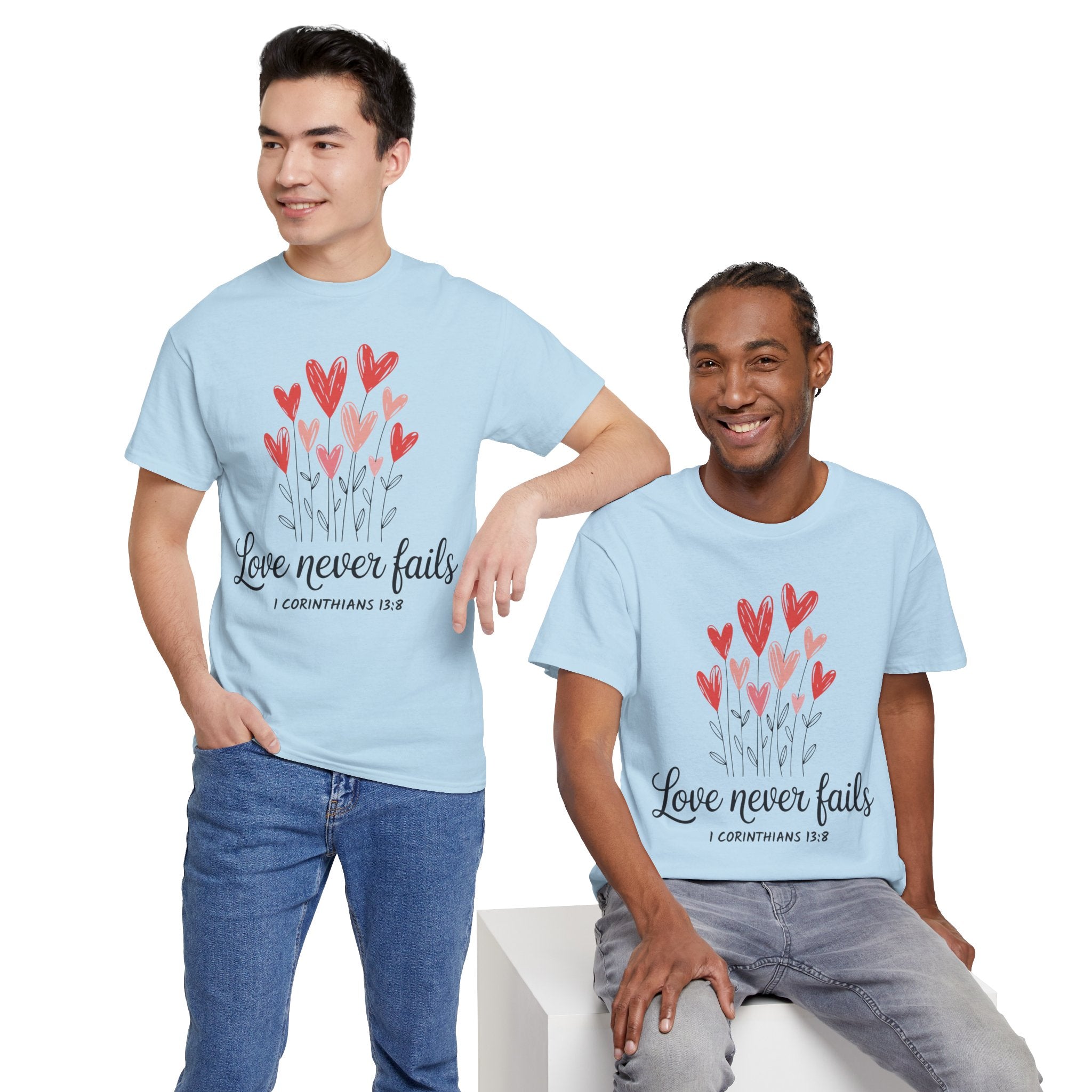 Christian Valentine T-Shirt — "Love Never Fails" (1 Corinthians 13:8) Unisex Cotton Tee