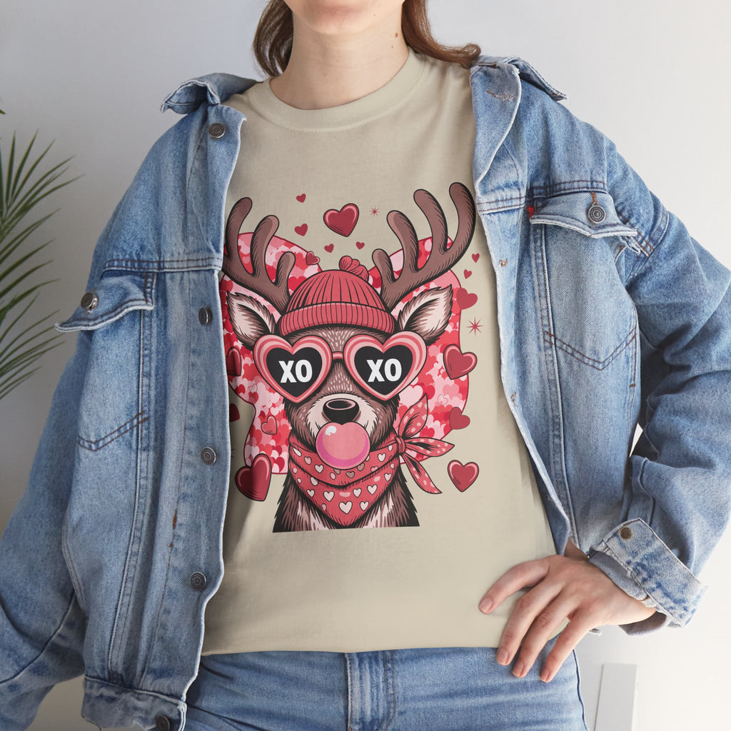 Valentine Deer Tee — Cute XO Heart Glasses, Beanie & Scarf Unisex Cotton Tshirt