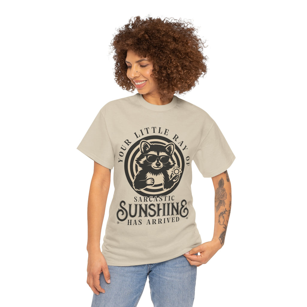 Cool Raccoon Sunglasses T-Shirt — Raccoon Holding Sun Graphic Unisex Cotton Tee