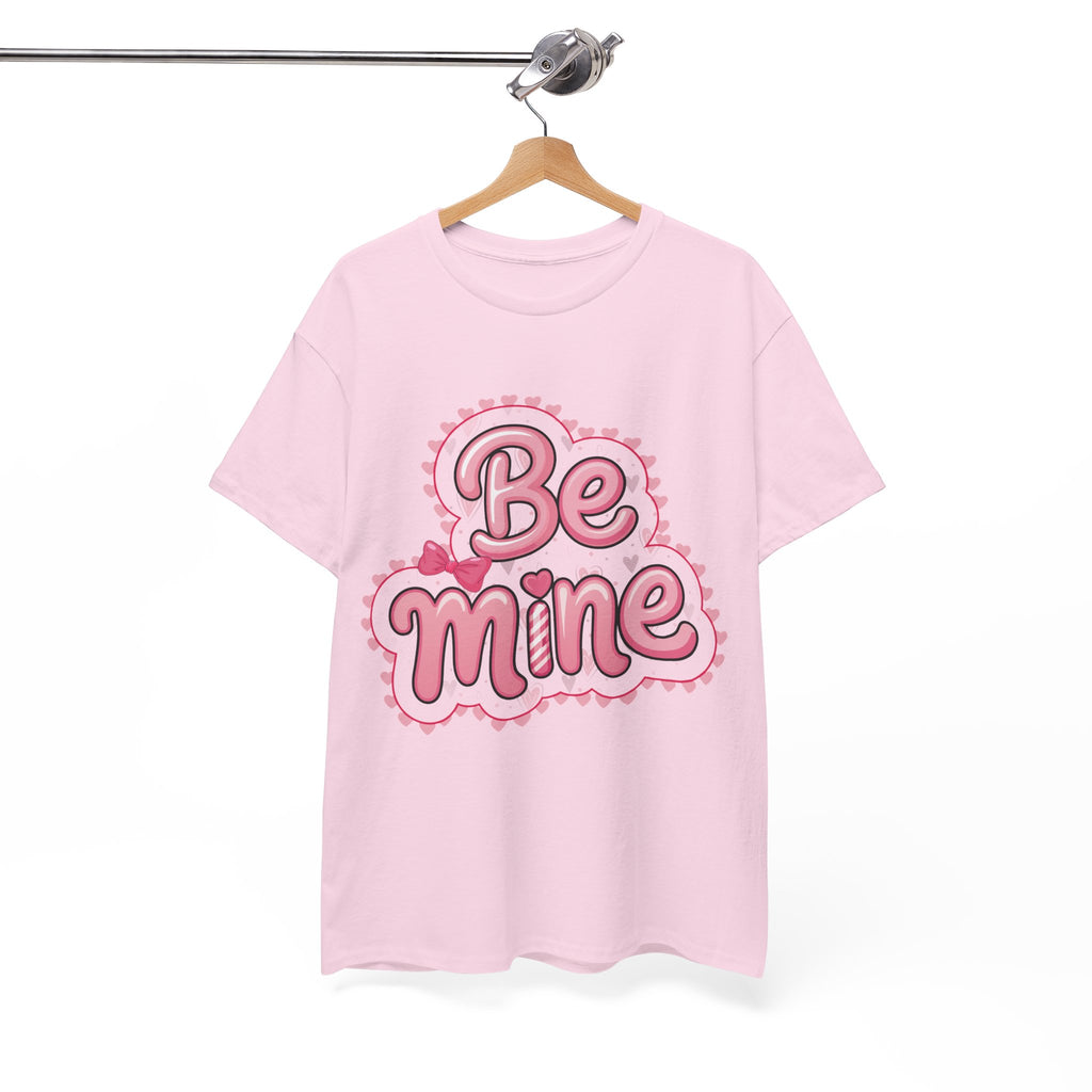 Be Mine Valentine T-Shirt — Pink Bubble Letters with Hearts & Bow..Unisex Cotton Tee