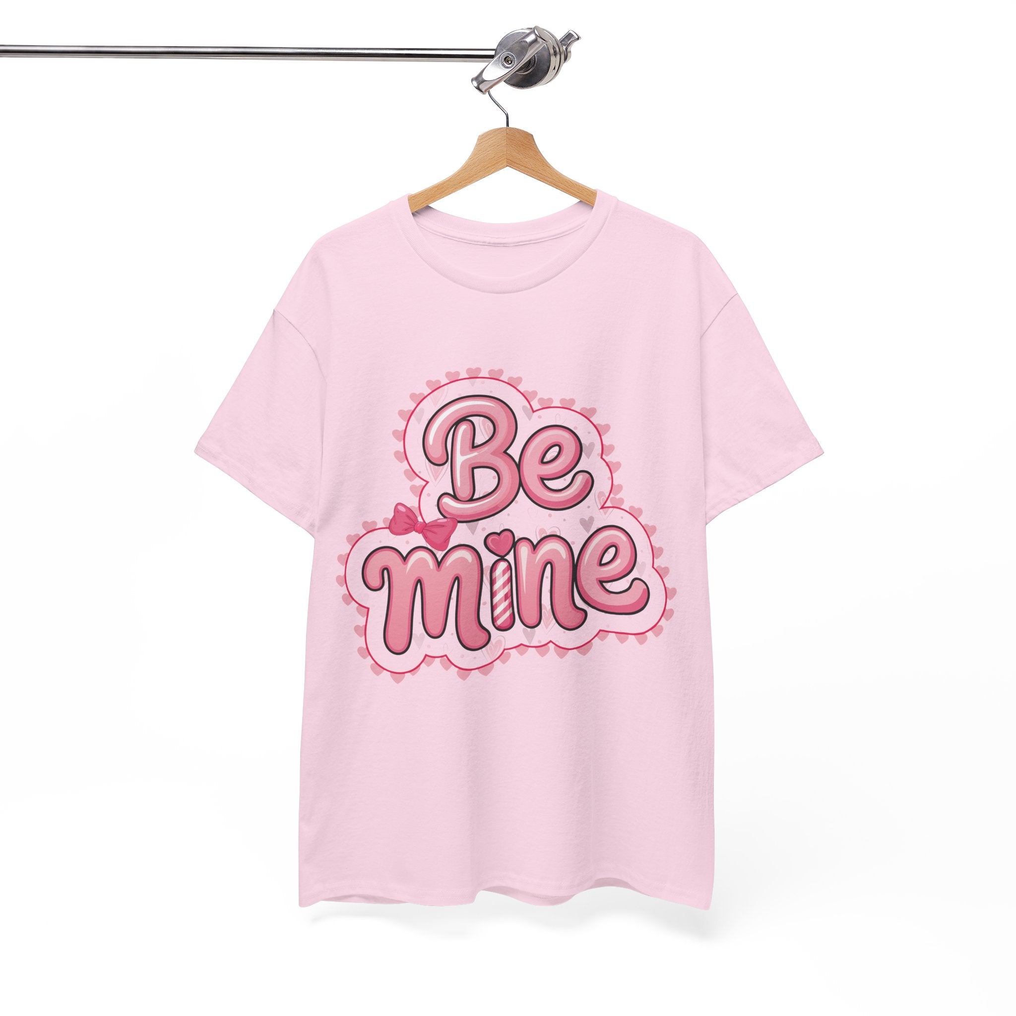 Be Mine Valentine T-Shirt — Pink Bubble Letters with Hearts & Bow..Unisex Cotton Tee
