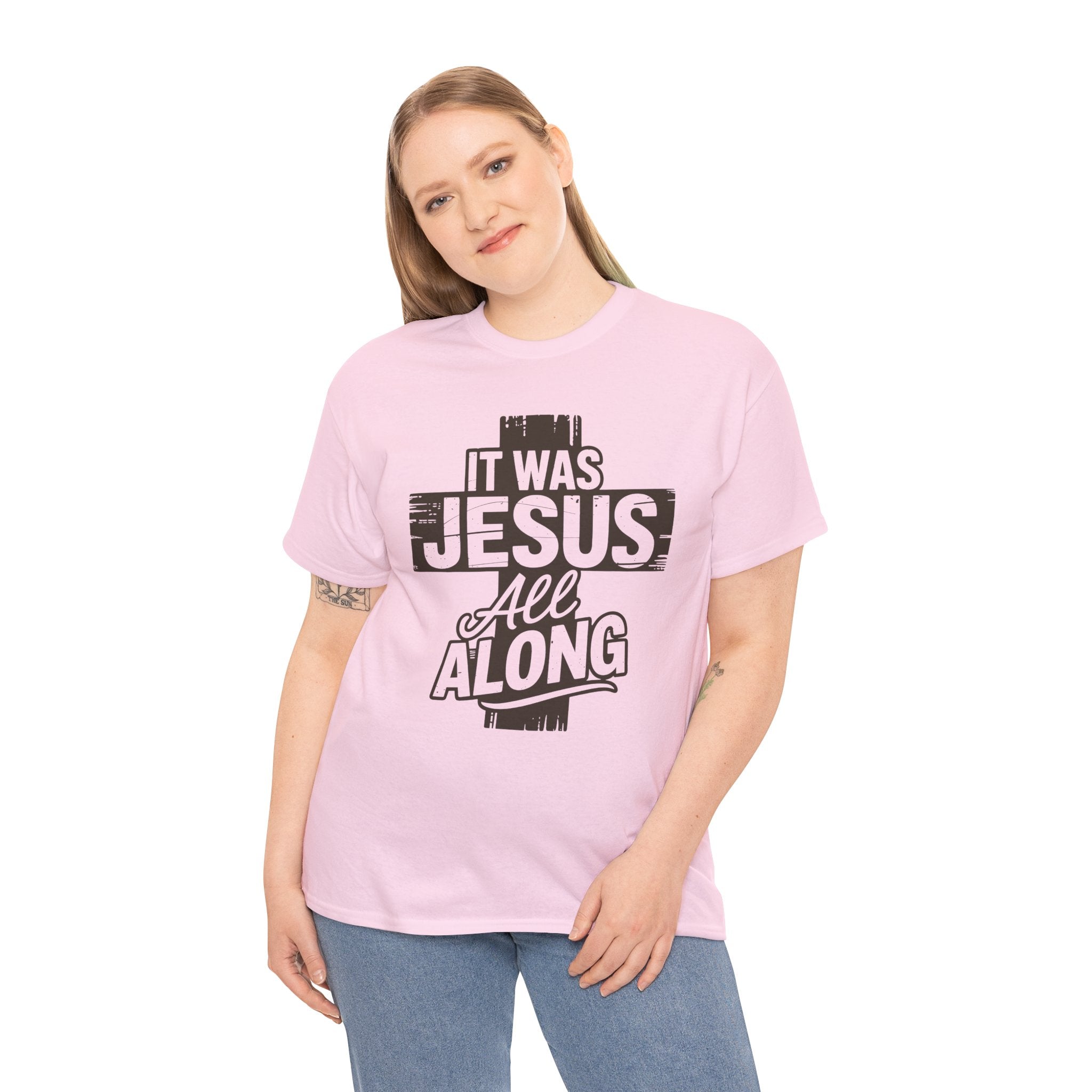 It Was Jesus All Along T-Shirt — Rustic Brown Cross Christian Unisex Cotton Tee