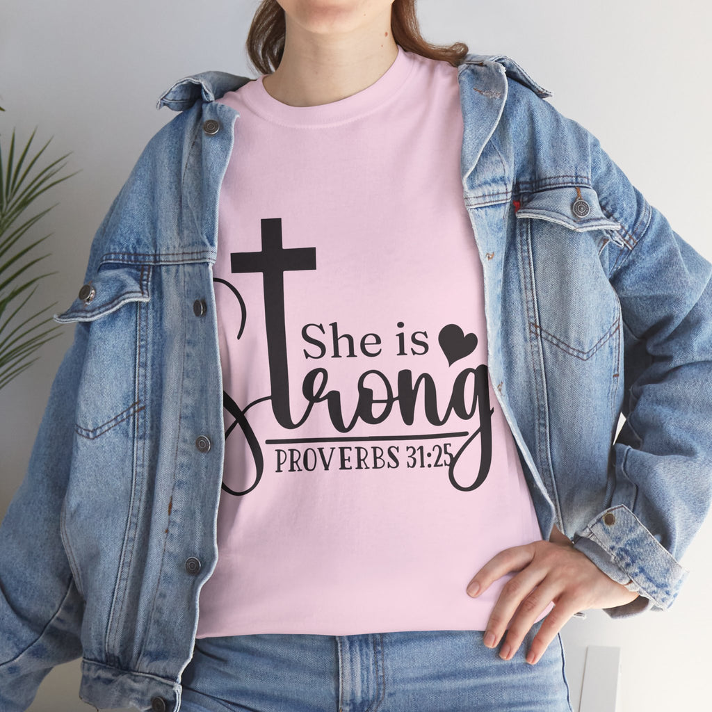 Proverbs 31:25 'She is Strong' T-Shirt – Christian Cross & Heart Unisex Cotton Tee