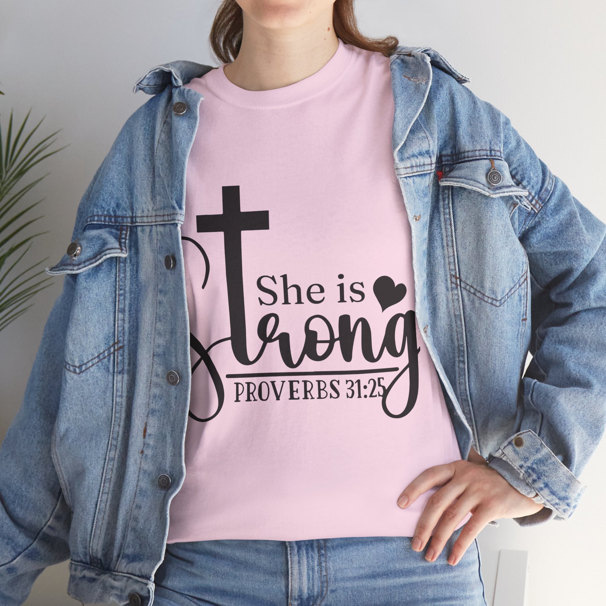 Proverbs 31:25 'She is Strong' T-Shirt – Christian Cross & Heart Unisex Cotton Tee