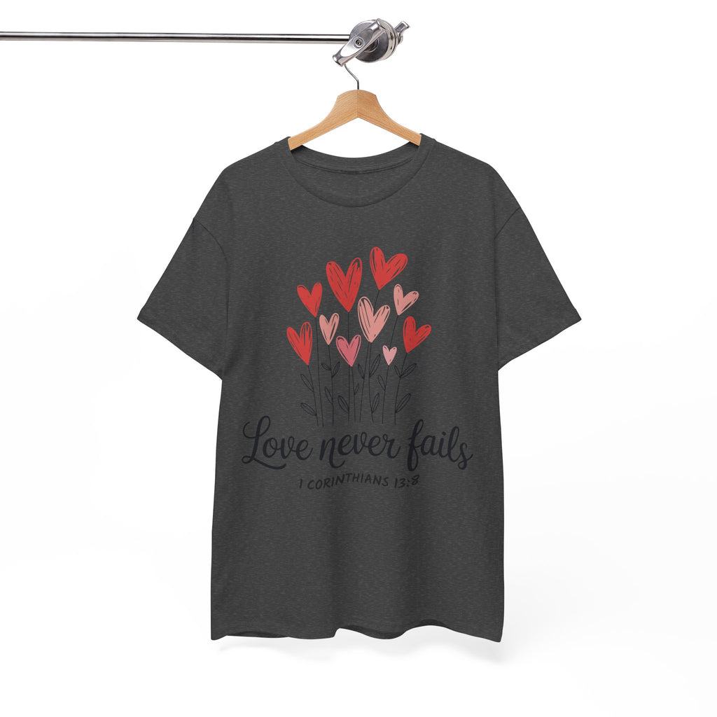 Christian Valentine T-Shirt — "Love Never Fails" (1 Corinthians 13:8) Unisex Cotton Tee