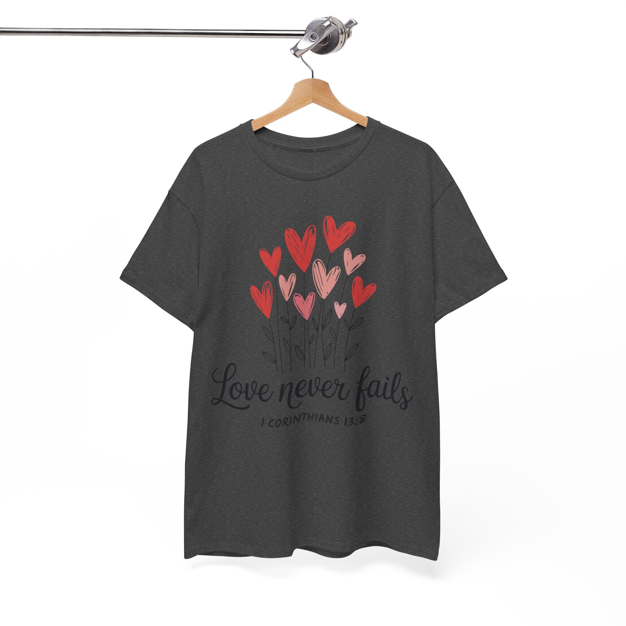 Christian Valentine T-Shirt — "Love Never Fails" (1 Corinthians 13:8) Unisex Cotton Tee