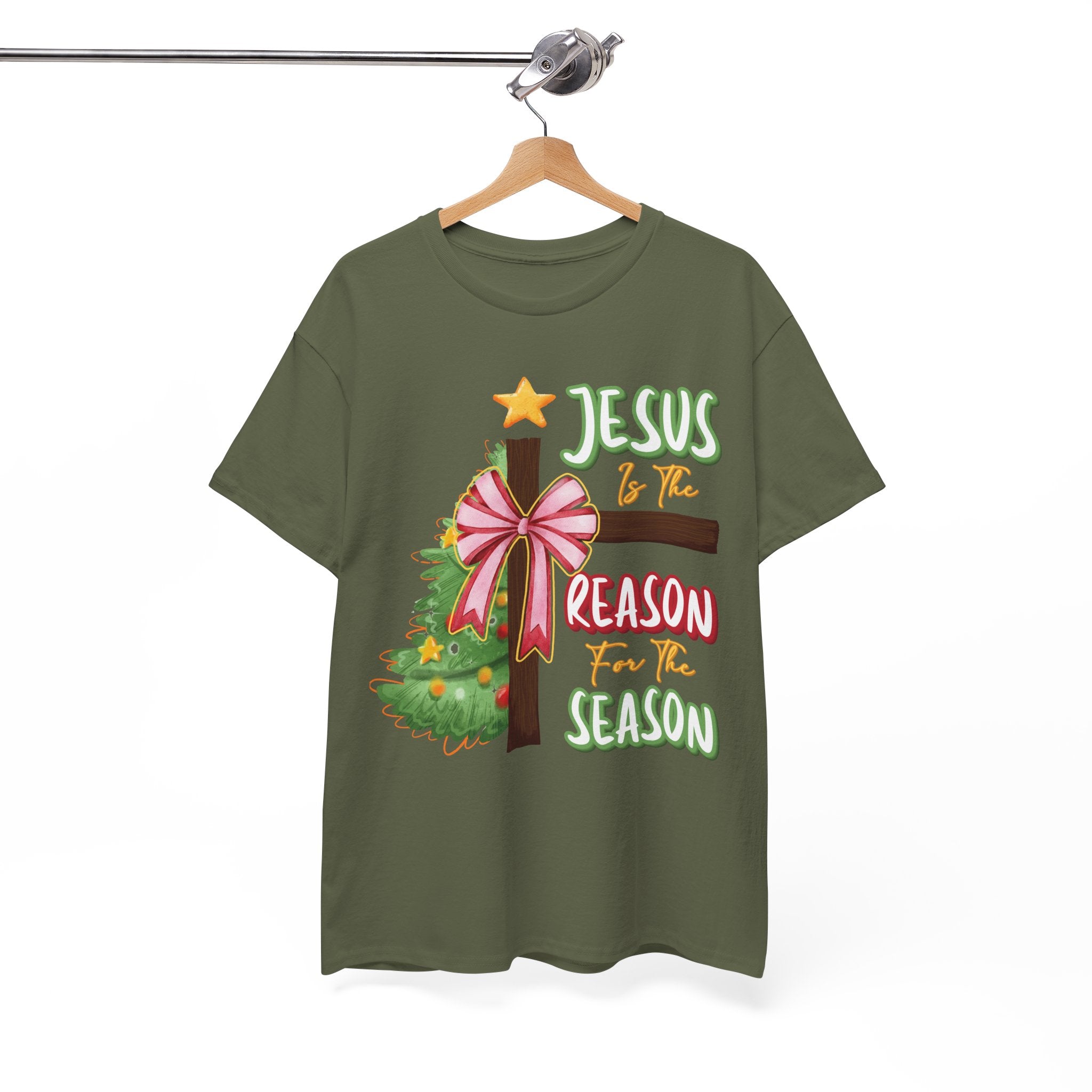 Jesus Is the Reason for the Season Christmas Tee — Cross with Pink Bow & Tree. Unisex Cotton Tee