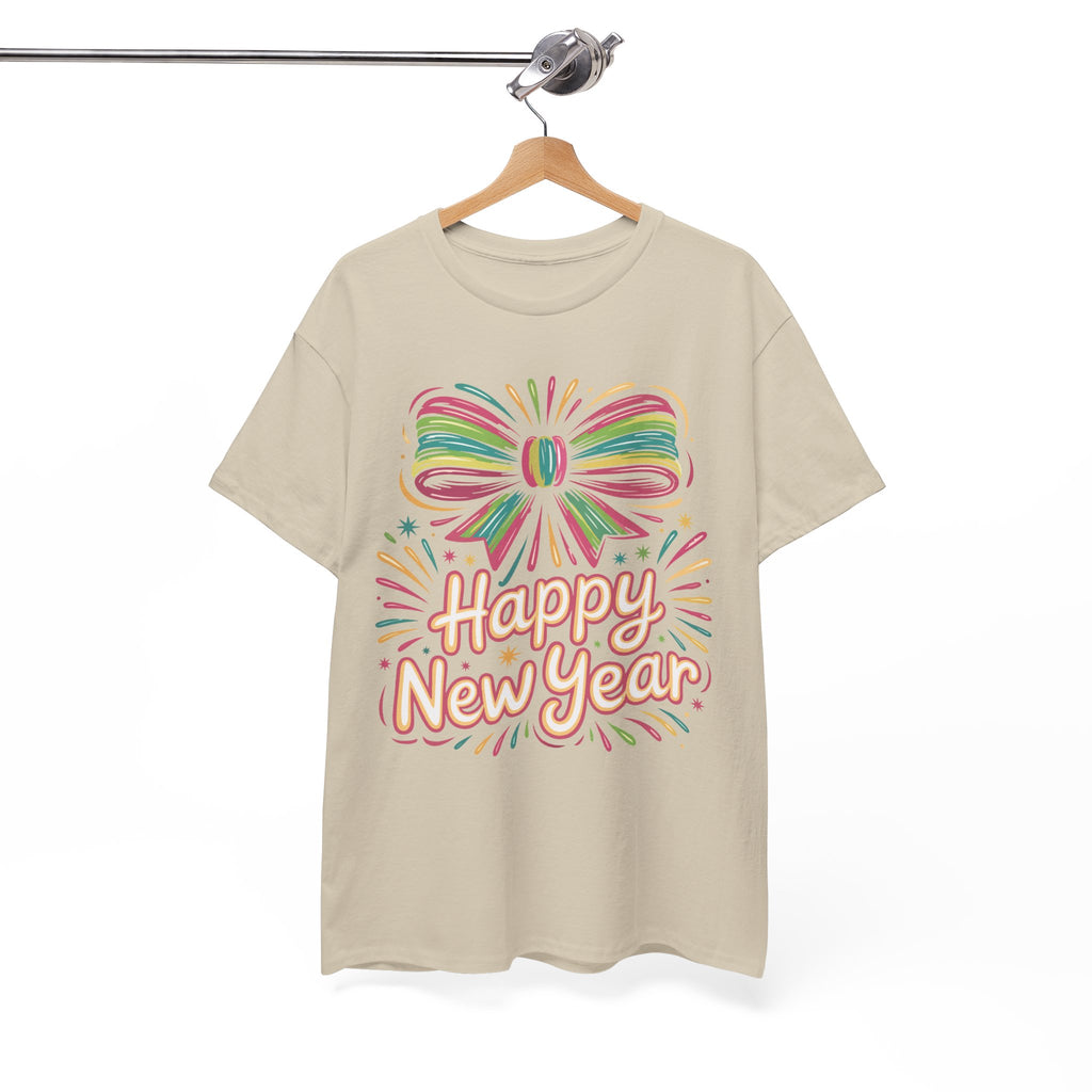 Happy New Year Pastel Tee — Rainbow Bow & Fireworks Celebration Unisex Cotton Tshirt