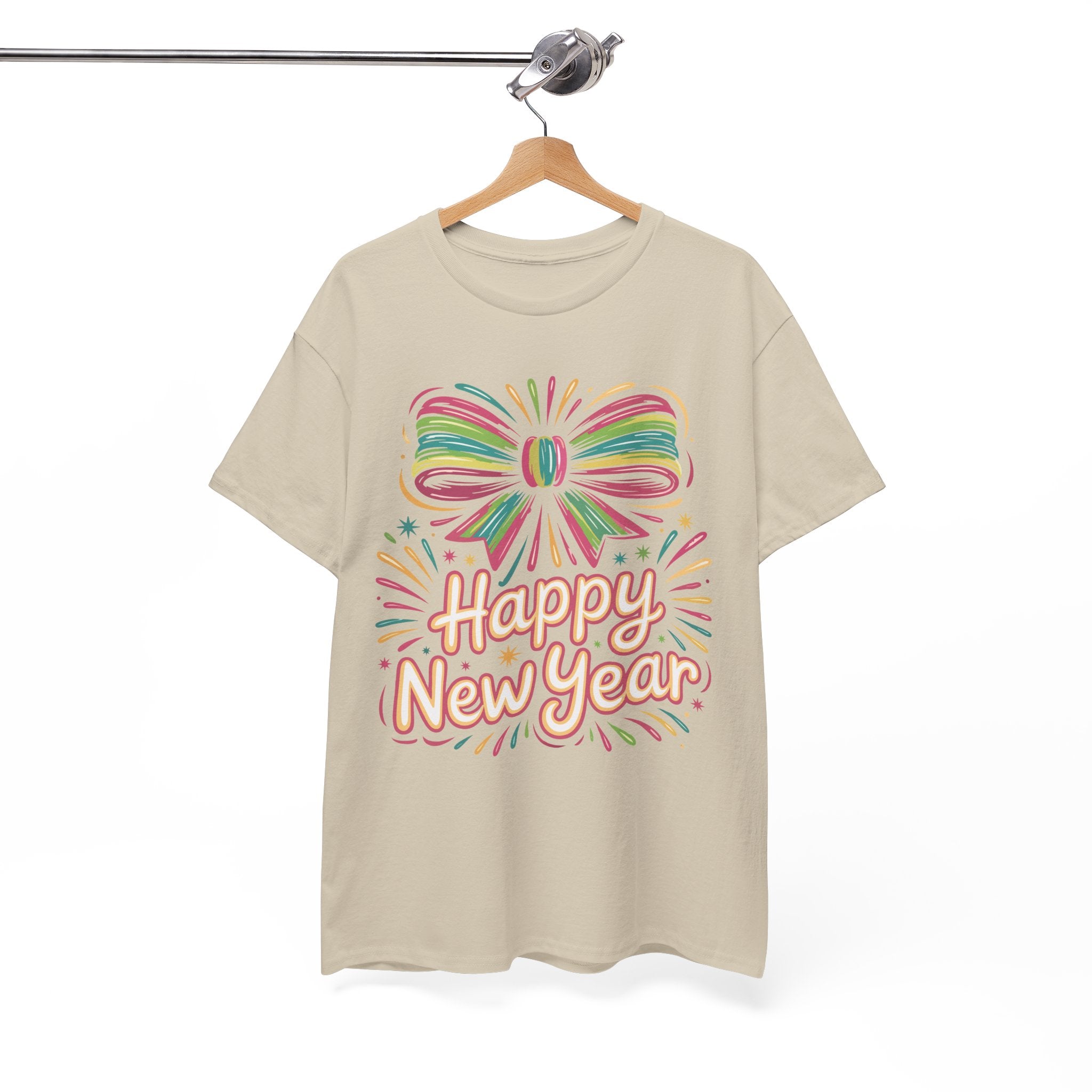 Happy New Year Pastel Tee — Rainbow Bow & Fireworks Celebration Unisex Cotton Tshirt