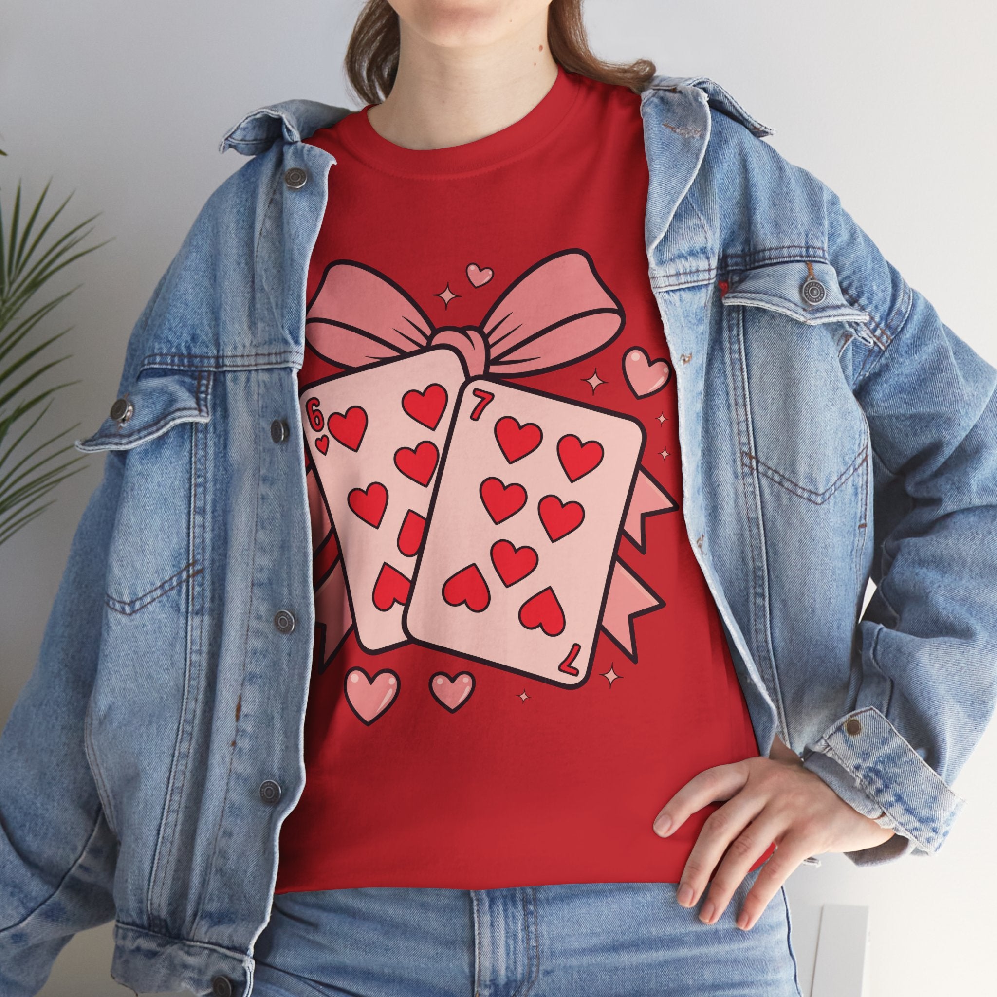 6 & 7 of Hearts T-Shirt — Paired Playing Cards with Pink Bow Unisex Cotton Tee