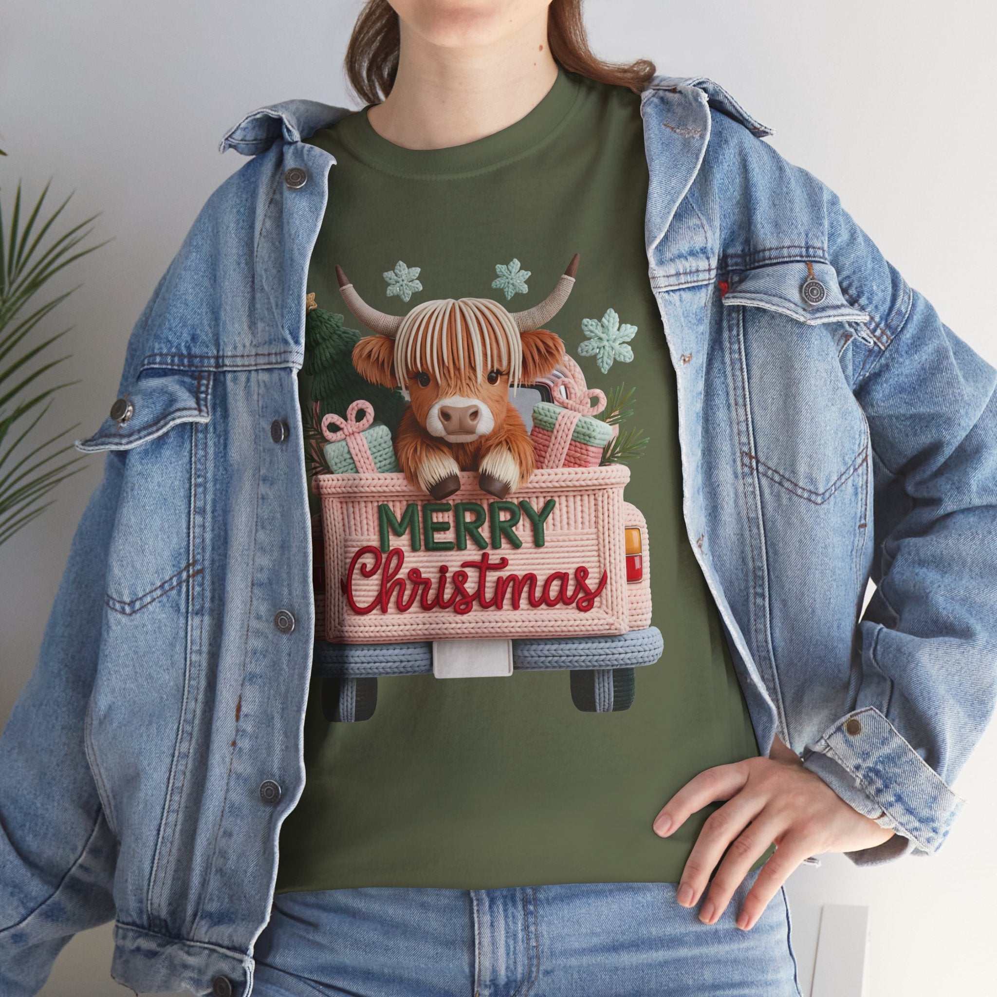 Merry Christmas Highland Cow Knit Truck Unisex Cotton T-Shirt
