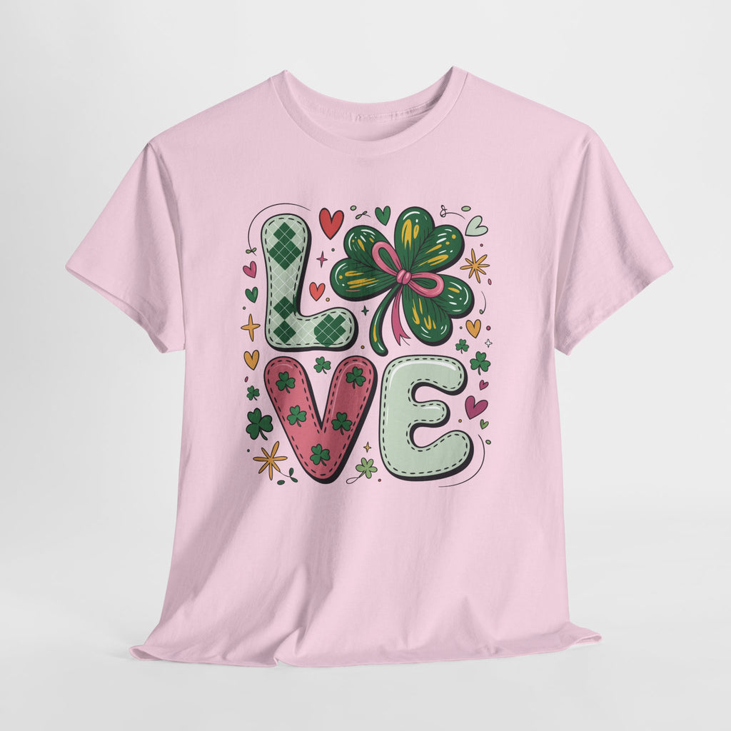 Stitched Clover 'LOVE' Tee — Heart & Patchwork St. Patrick's Unisex Cotton T-Shirt