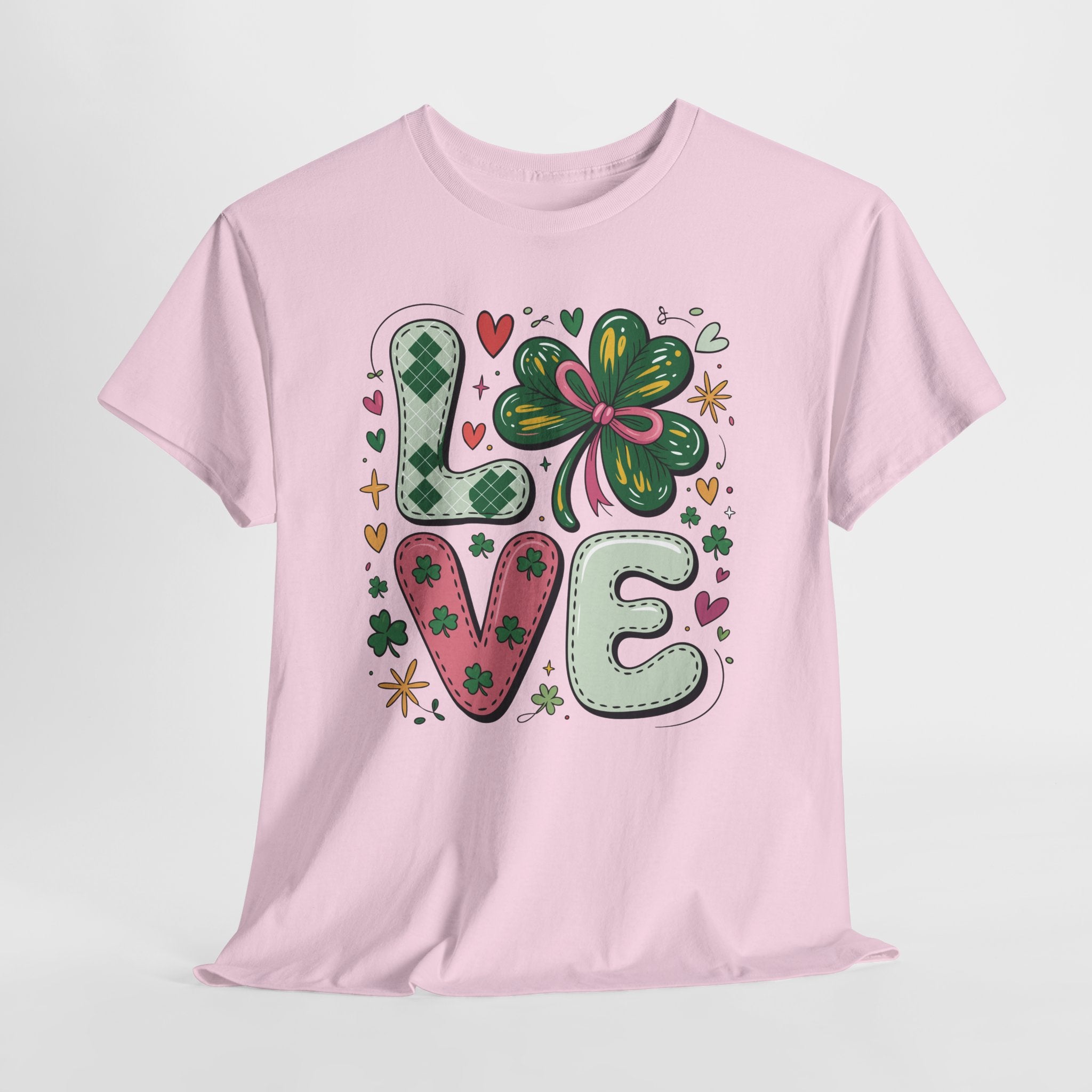 Stitched Clover 'LOVE' Tee — Heart & Patchwork St. Patrick's Unisex Cotton T-Shirt