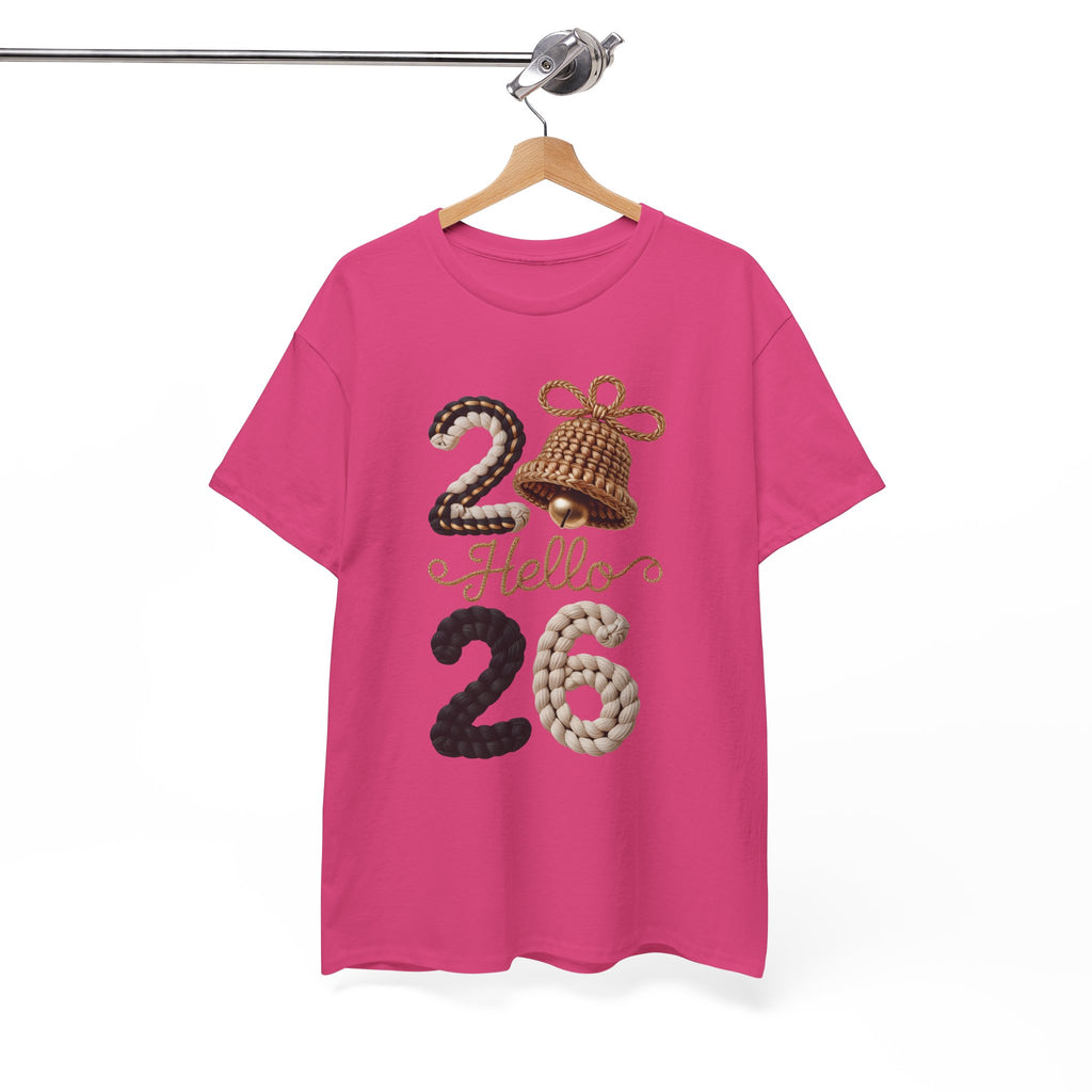 Hello 2026 Tee — Cozy Faux Yarn Braided Numbers with Woven Golden Bell..Unisex Cotton Tee