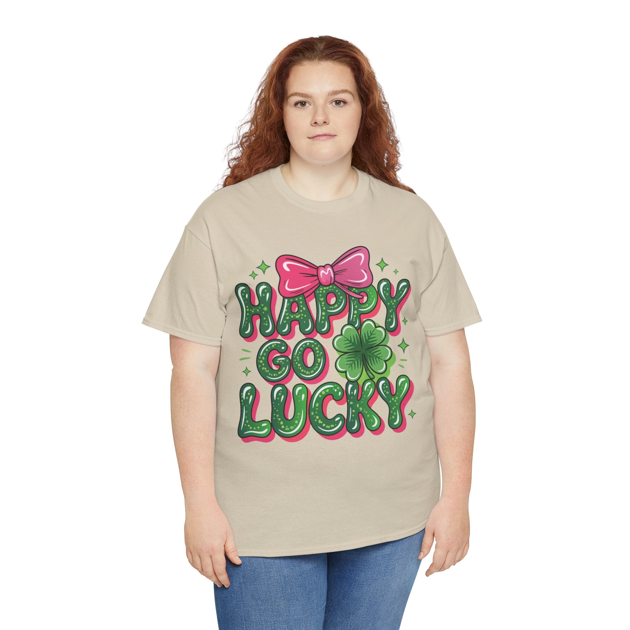 Happy Go Lucky Four-Leaf Clover Tee — Glossy Green Letters & Pink Bow Unisex Cotton Tee