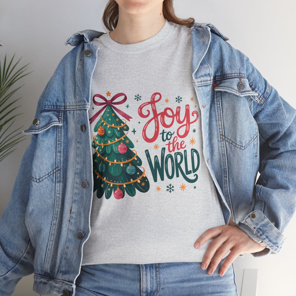 Joy to the World Christmas Tee — Festive Tree with Pink Bow..Unisex Cotton Tee