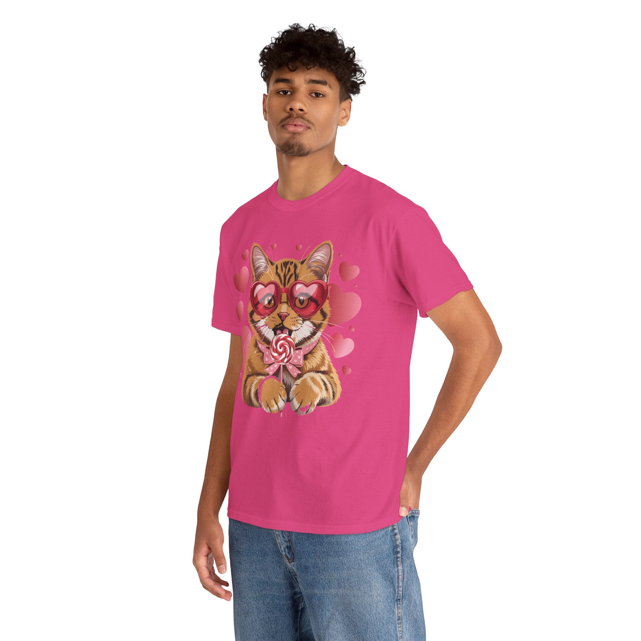 Valentine Cat Tee — Heart Glasses, Lollipop Bow Unisex Cotton Tee