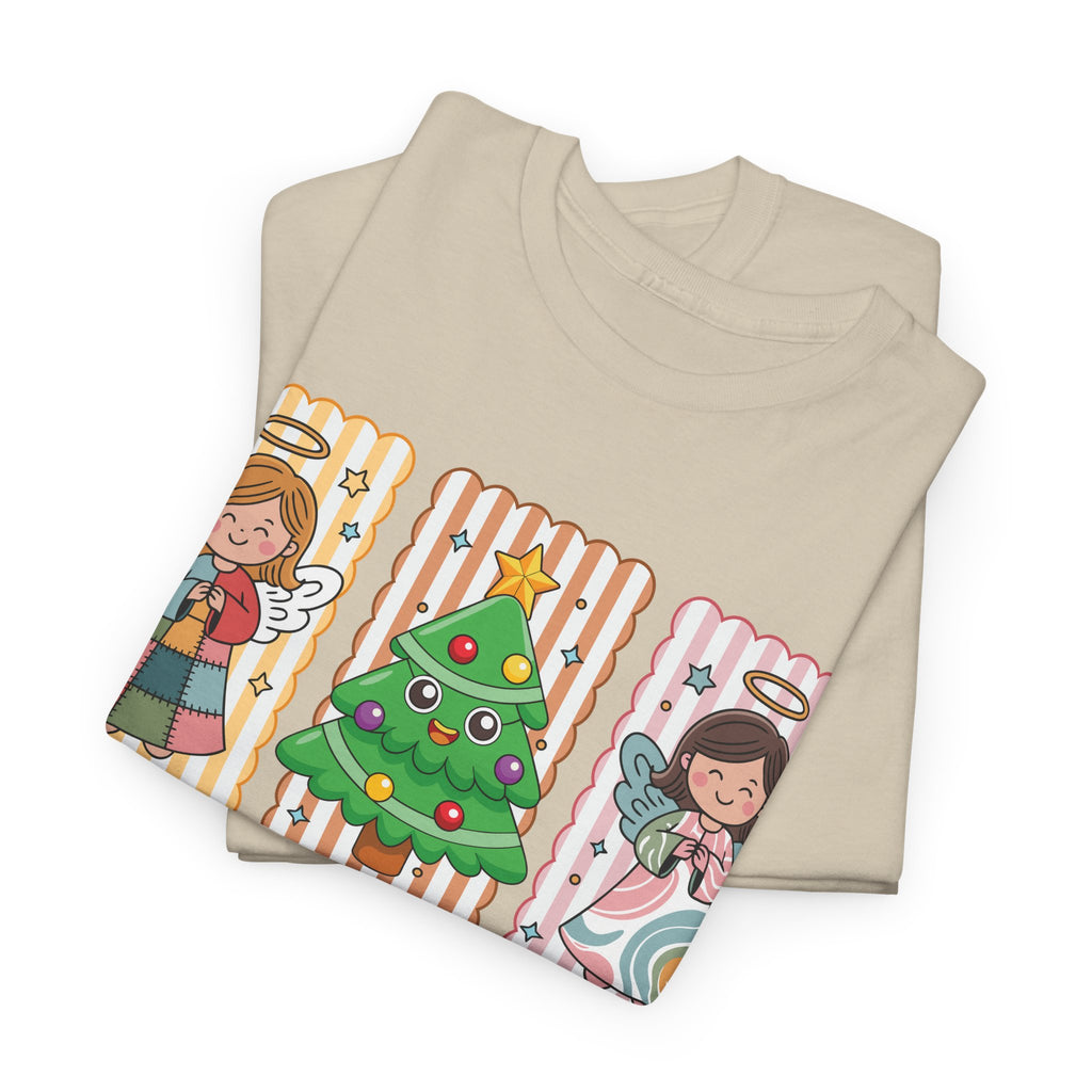 O Come Let Us Adore Him Christmas Tee — Smiling Angels & Happy Tree..Unisex Cotton Tee