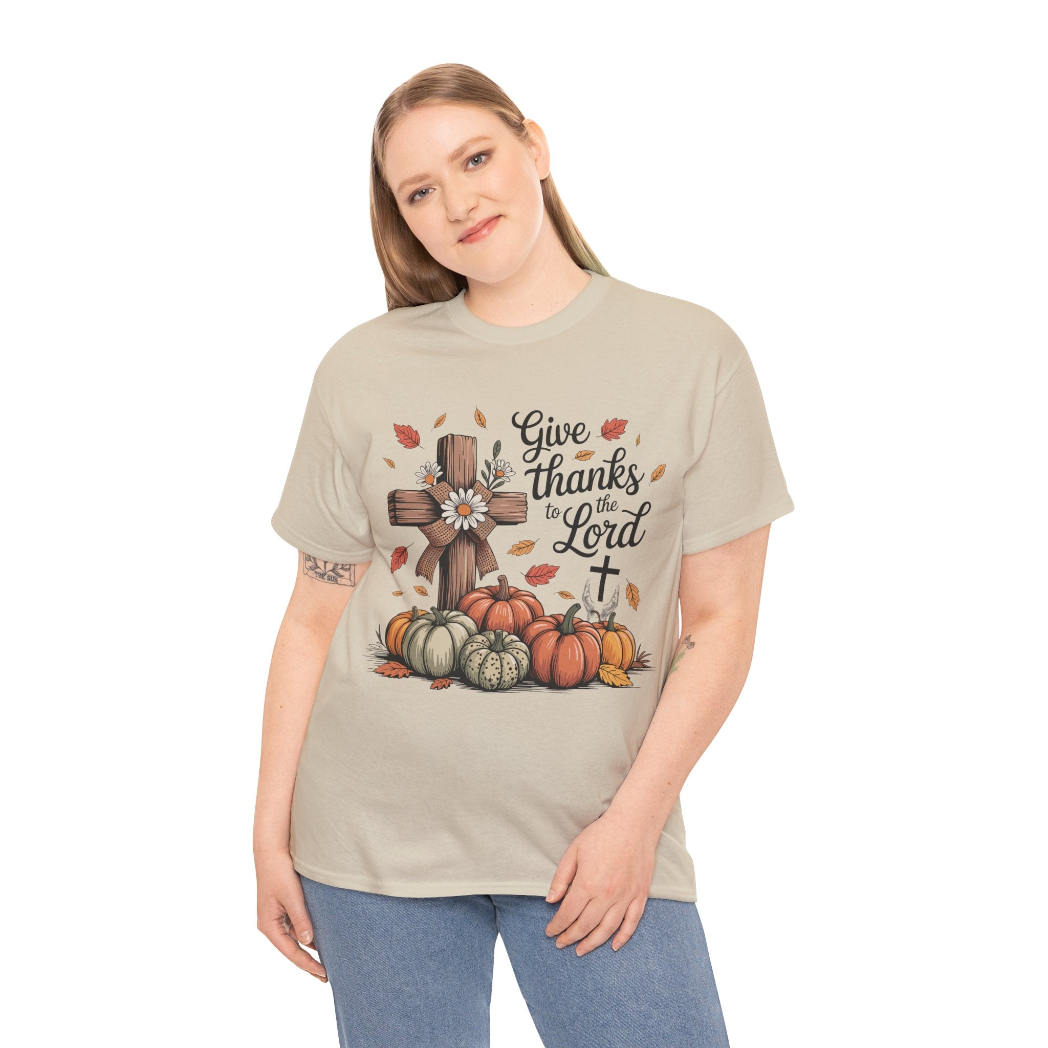 Give Thanks to the Lord Autumn Tee — Wooden Cross, Pumpkins & Daisies..Unisex Cotton Tee
