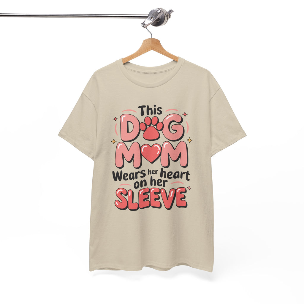 Dog Mom T-Shirt — "This Dog Mom Wears Her Heart on Her Sleeve" Paw & Heart Unisex Cotton Tee