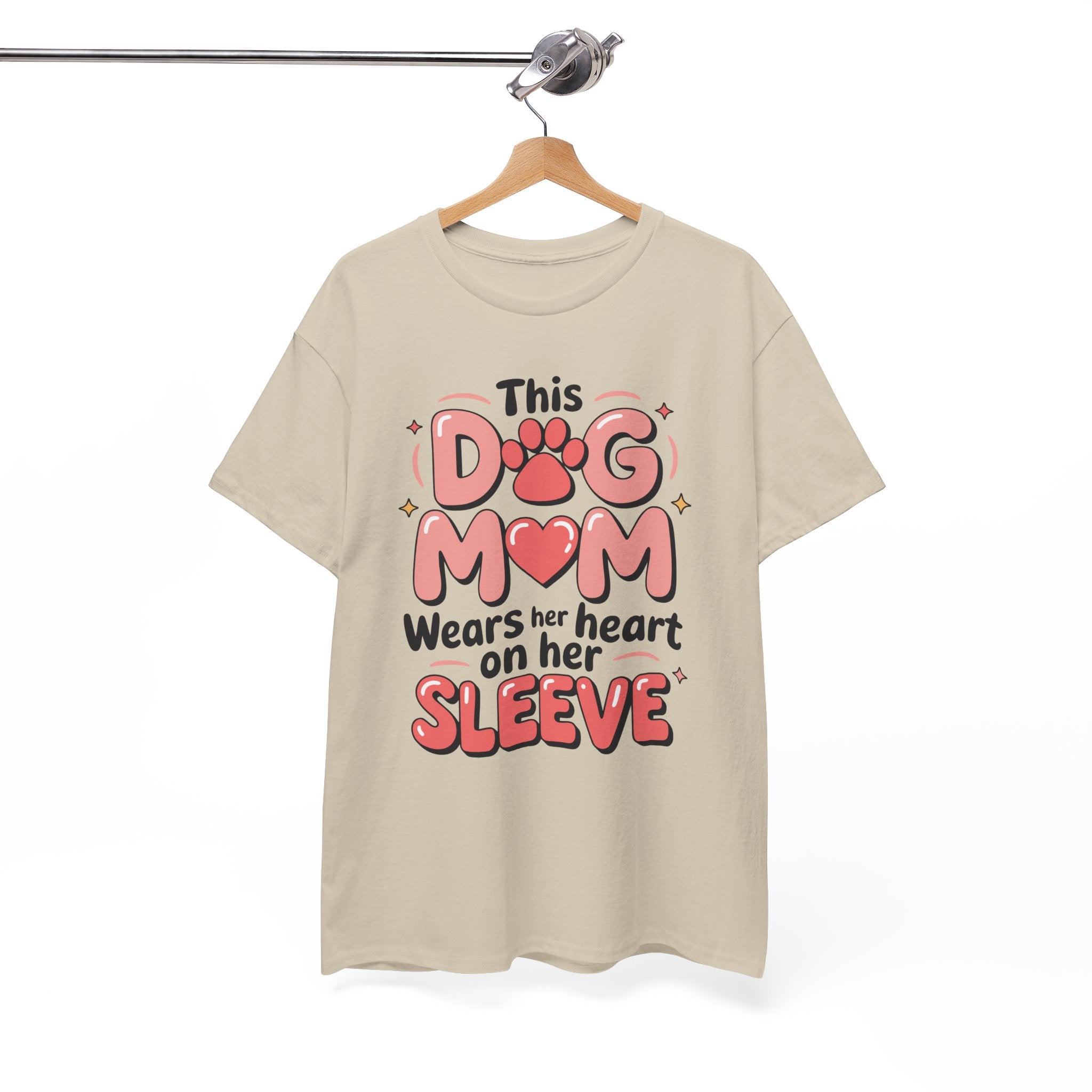 Dog Mom T-Shirt — "This Dog Mom Wears Her Heart on Her Sleeve" Paw & Heart Unisex Cotton Tee