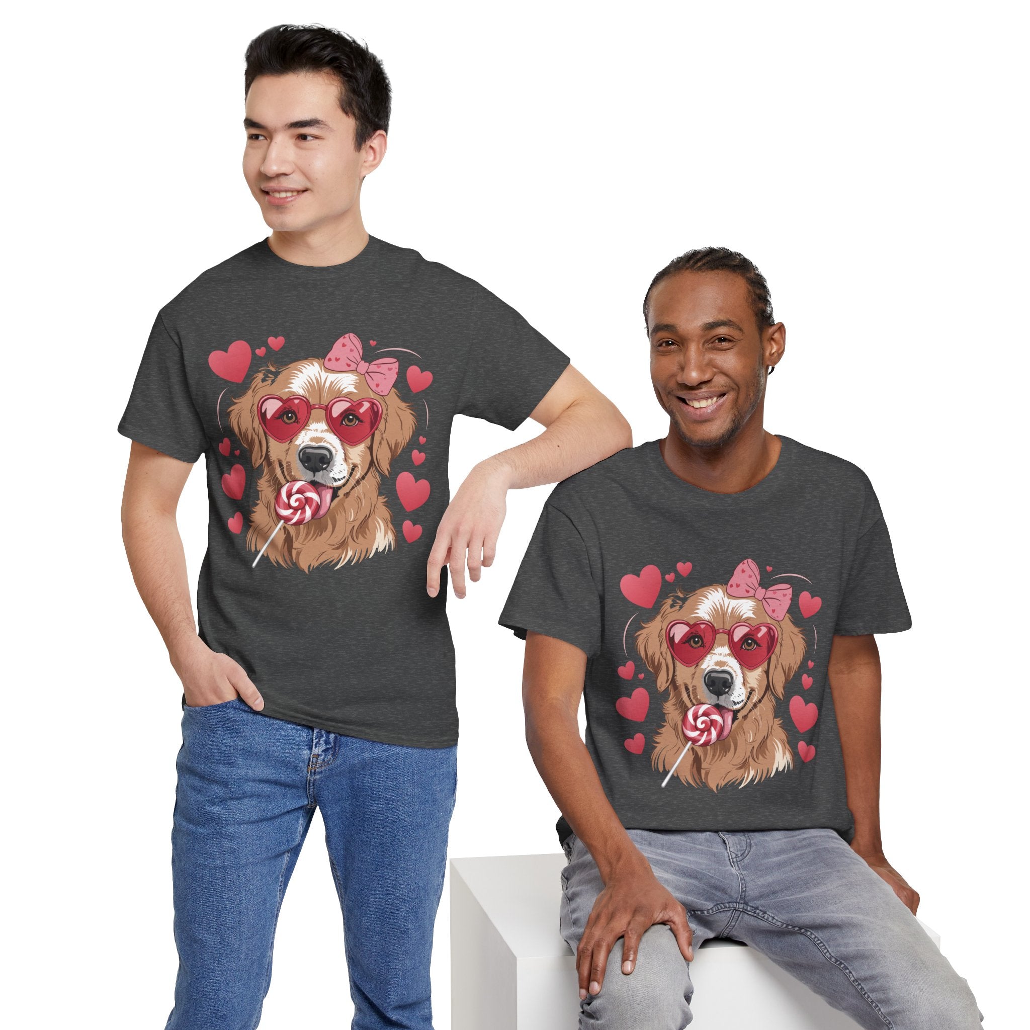 Valentine Dog T-Shirt — Cute Pup with Heart Glasses, Pink Bow & Lollipop..Unisex Cotton Tee