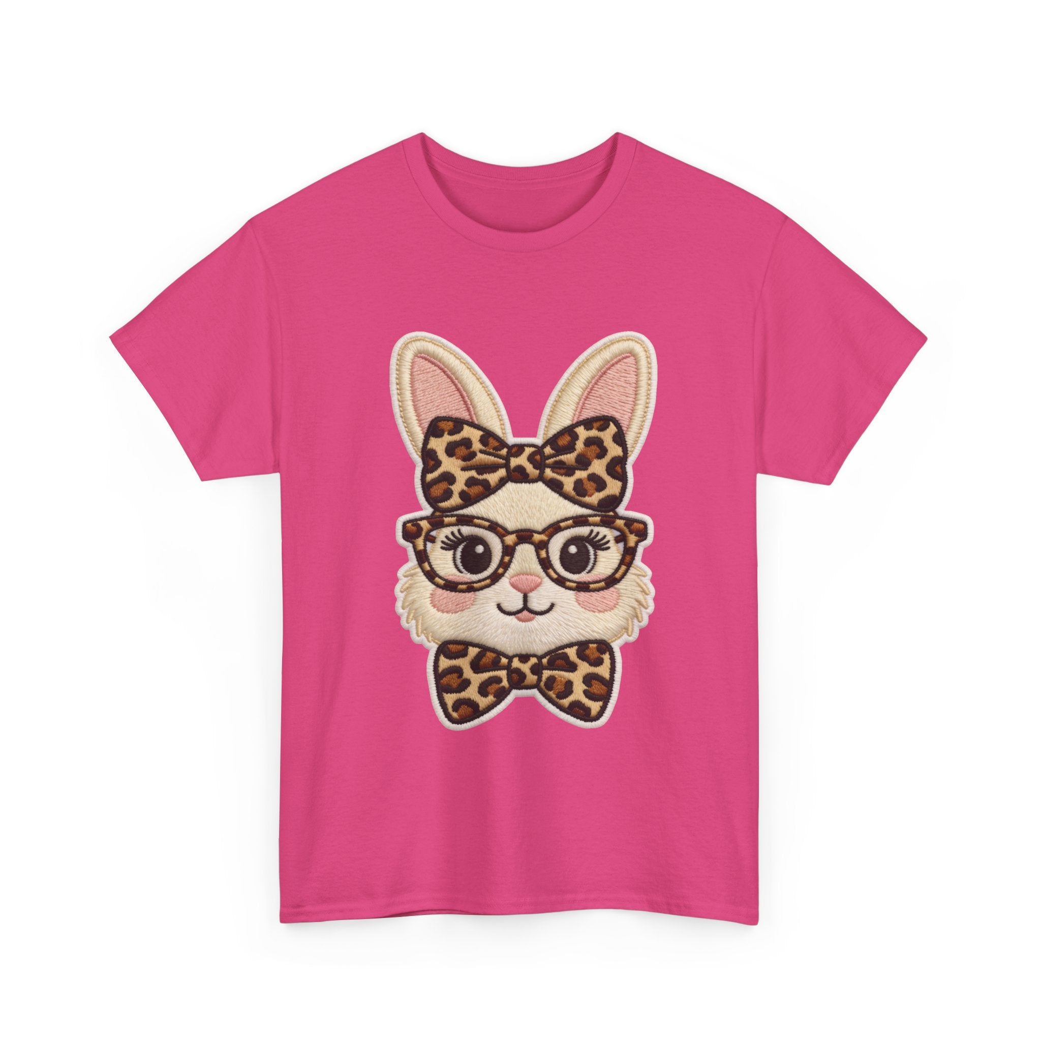 Leopard Bow Bunny Embroidered Tee — Cute Bunny Face with Glasses Patch Unisex Cotton Tee