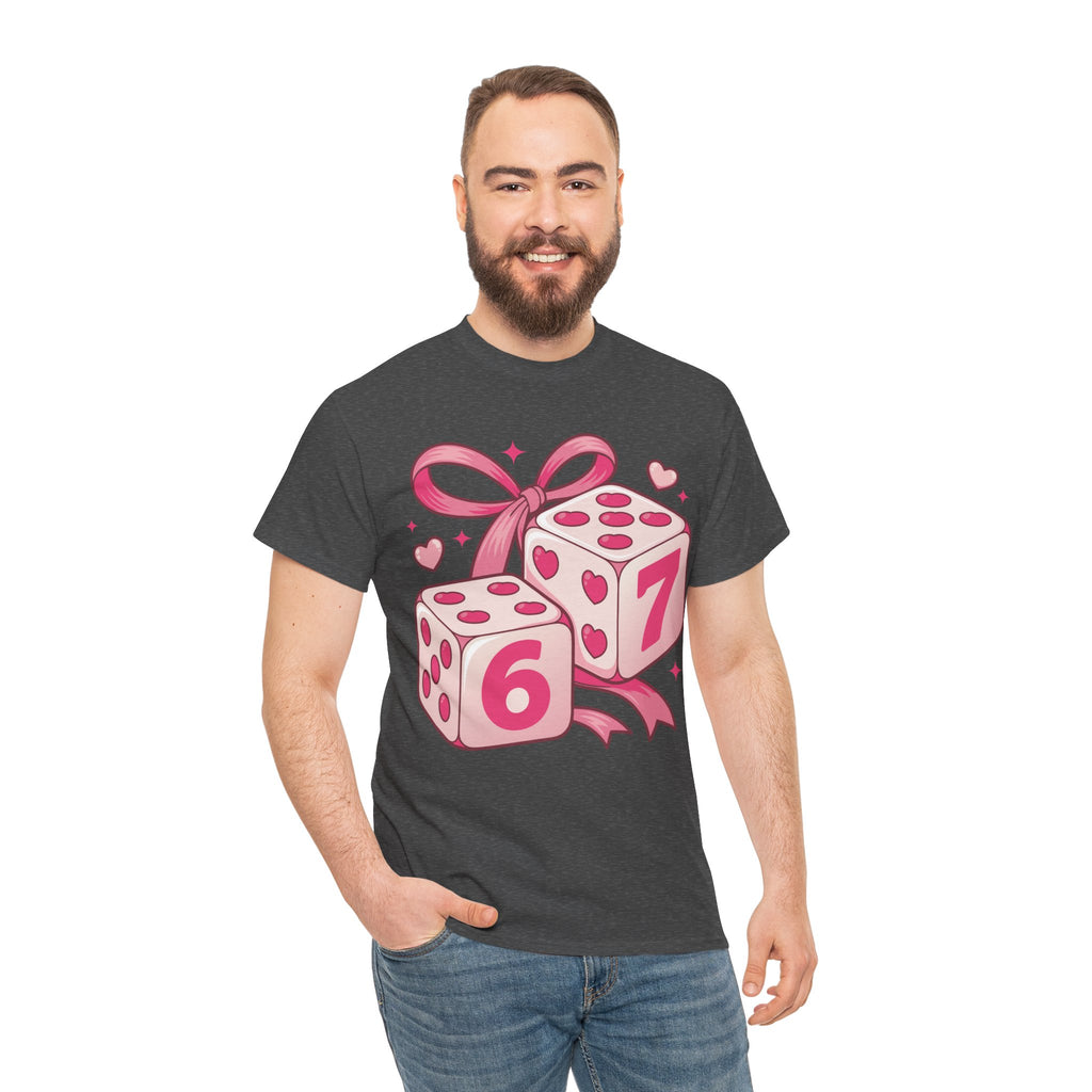 Lucky Love Dice T-Shirt — Pink Heart Dice with Bow..Unisex Cotton Tee