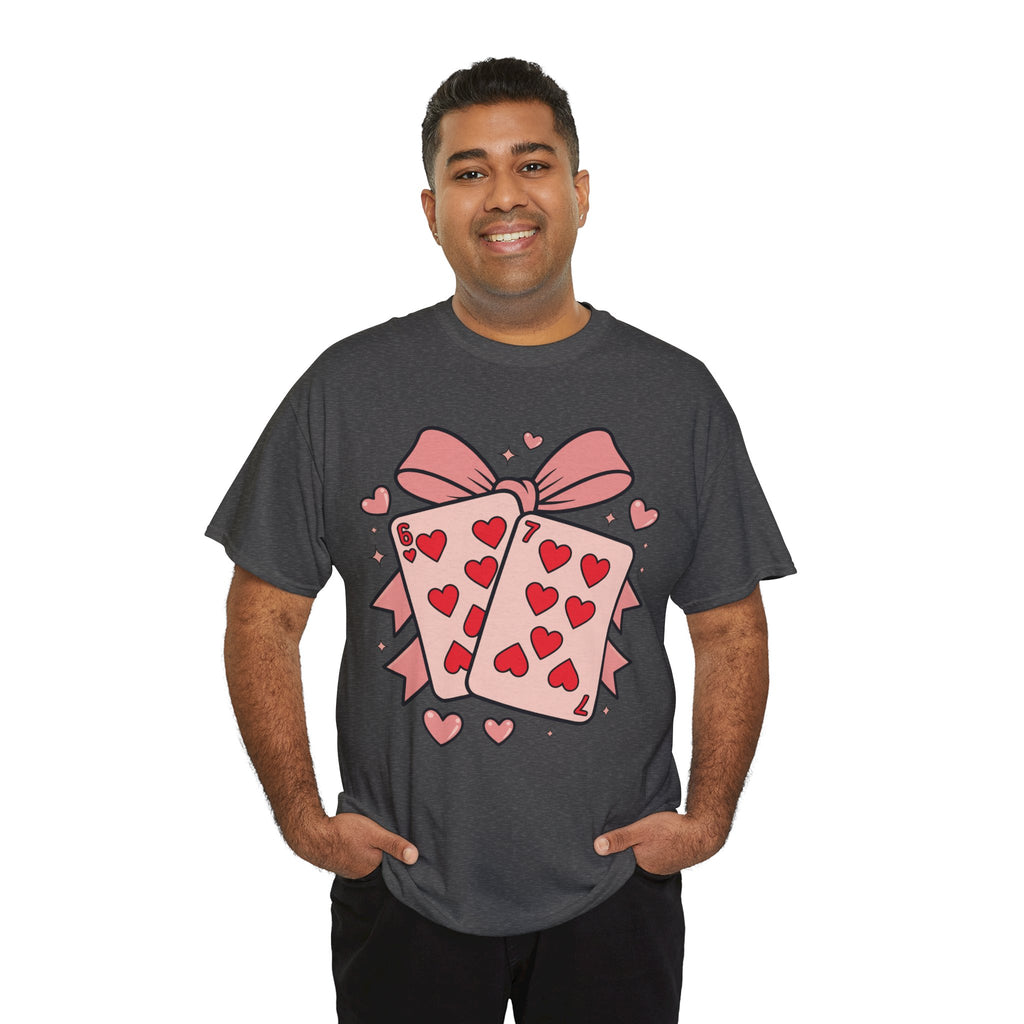 6 & 7 of Hearts T-Shirt — Paired Playing Cards with Pink Bow Unisex Cotton Tee