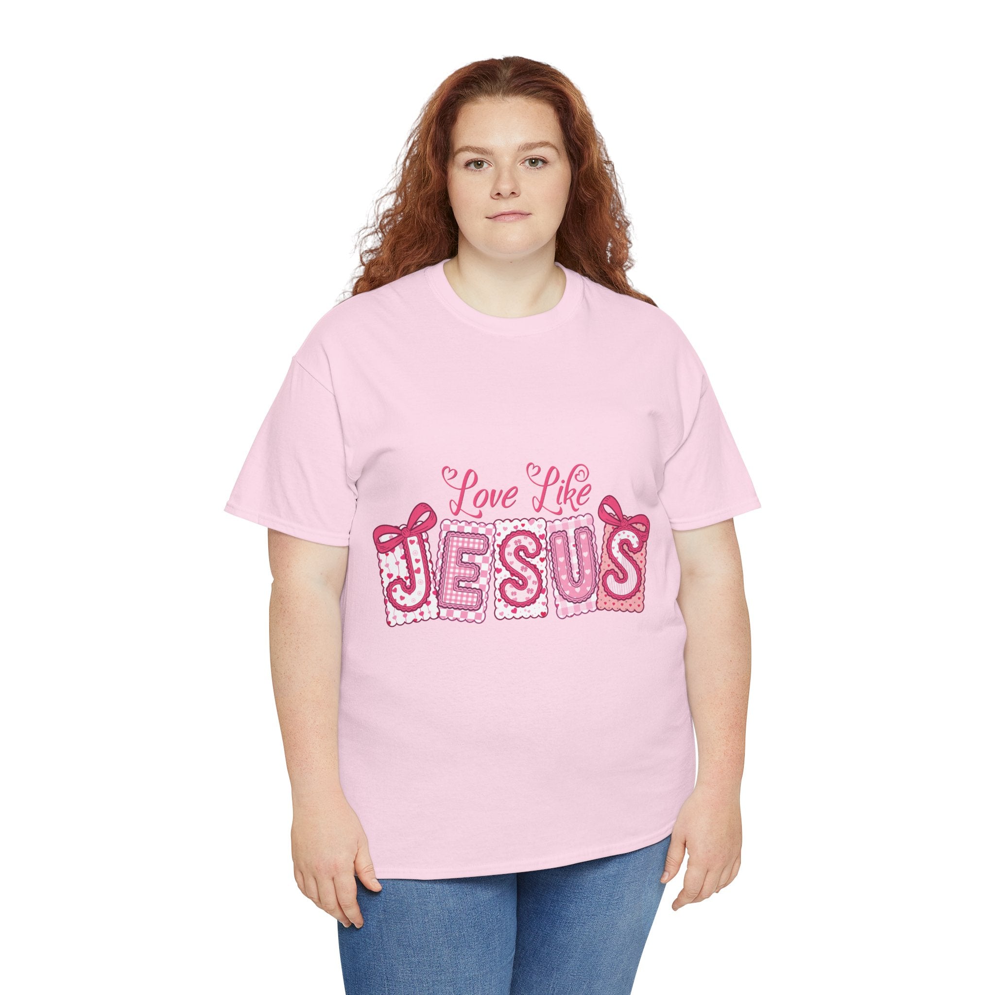 Love Like Jesus Patchwork Tee — Pink Stitched Heart Graphic.Unisex Cotton Tee