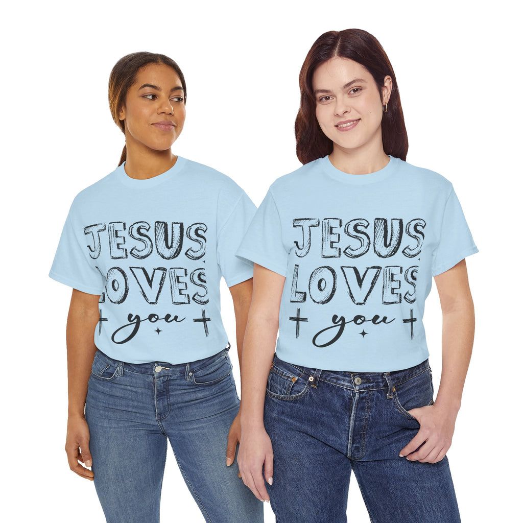 Jesus Loves You Chalk-Style Tee — Crosses & Stars Christian UNisex Cotton T-Shirt