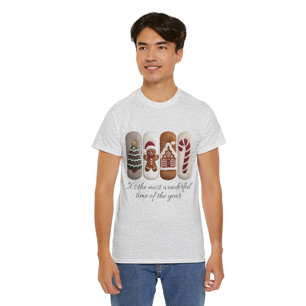 Christmas Faux-Yarn Tree Tee — Gingerbread House & Candy Cane Holiday Unisex Cotton T-Shirt