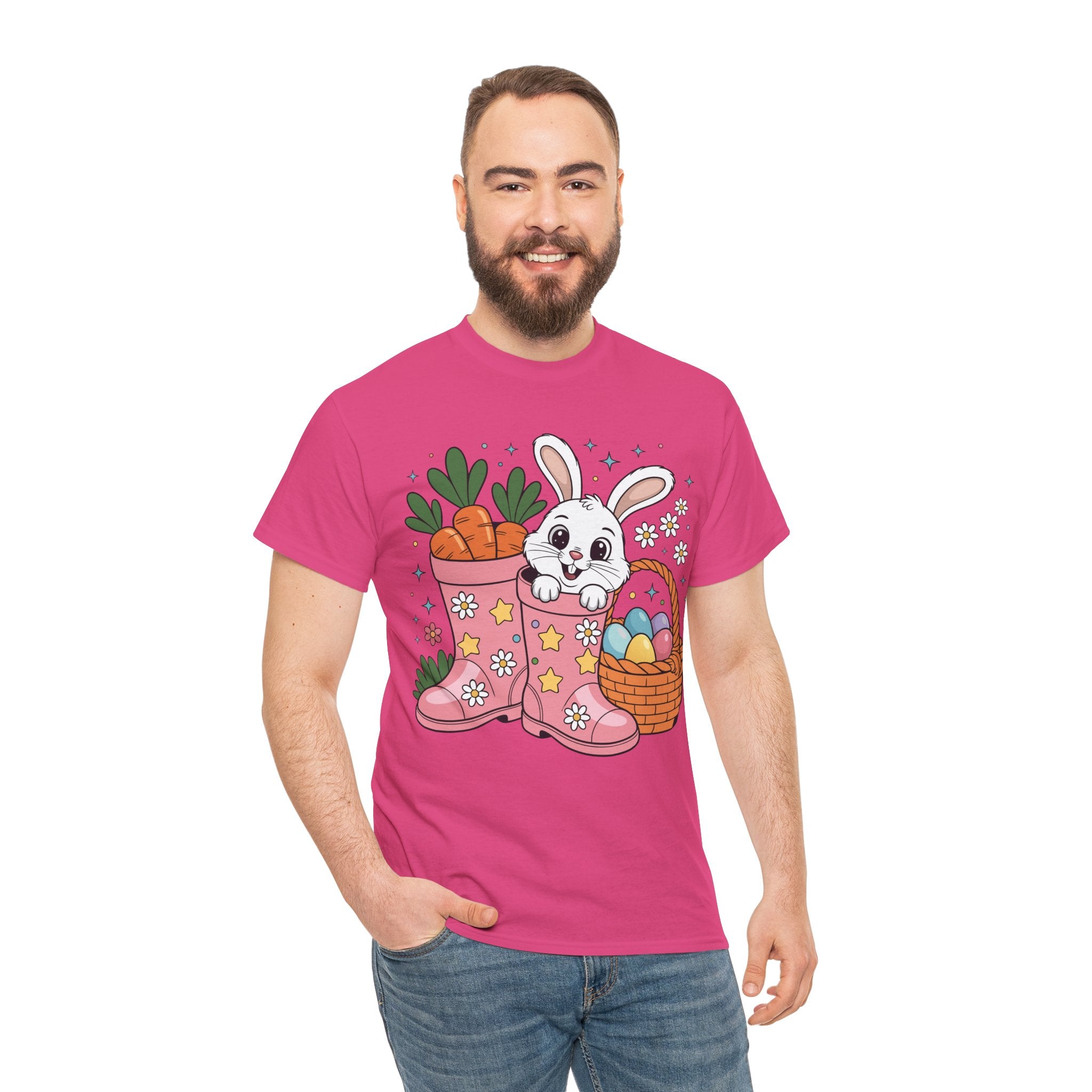 Easter Bunny in Pink Rain Boots T-Shirt — Cartoon Bunny, Carrots & Colorful Eggs Unisex Cotton Tee