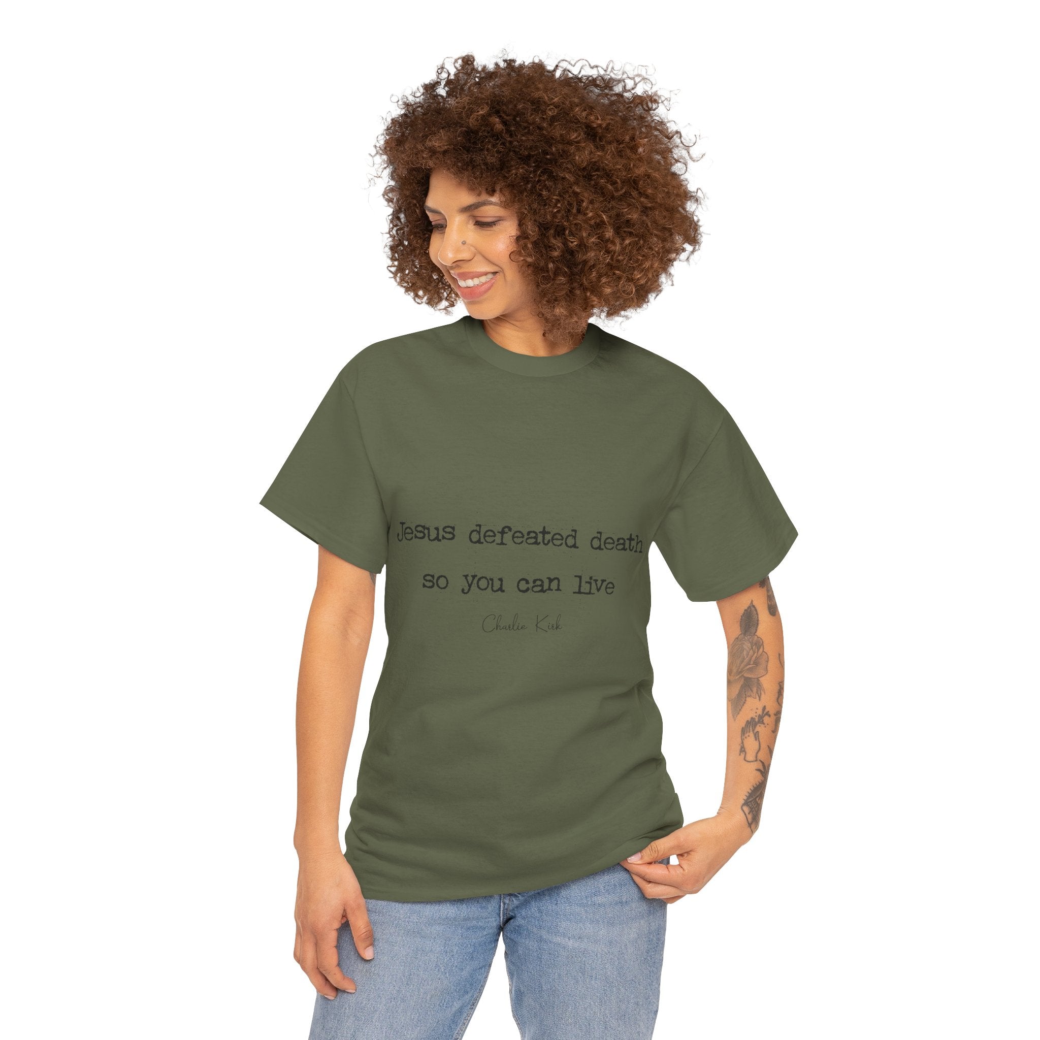 Jesus Defeated Death Tee — Christian Quote Shirt (Charlie Kirk). Unisex Cotton Tee