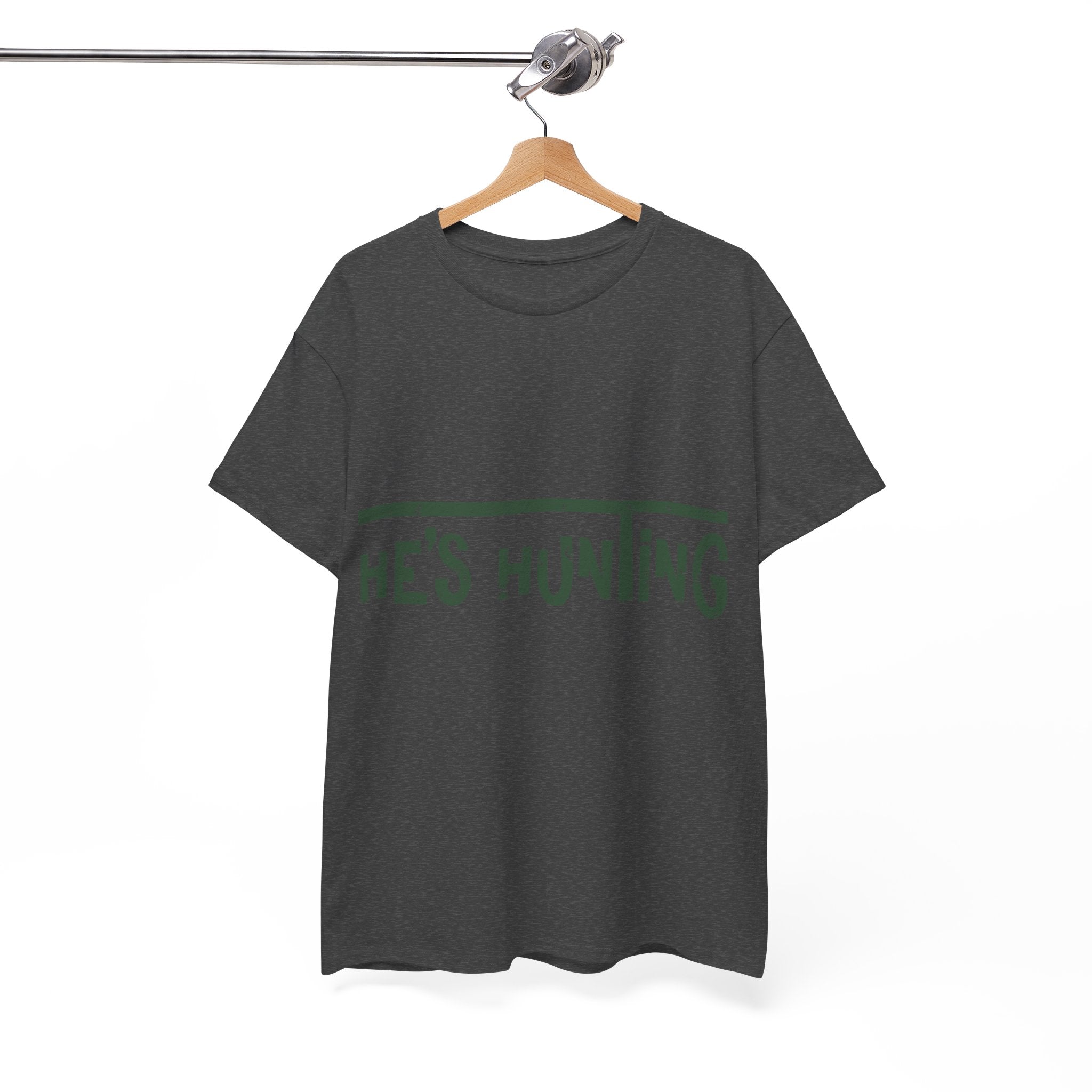 He’s Hunting Distressed Tee — Minimalist Tan Hunting Unisex Cotton Tshirt