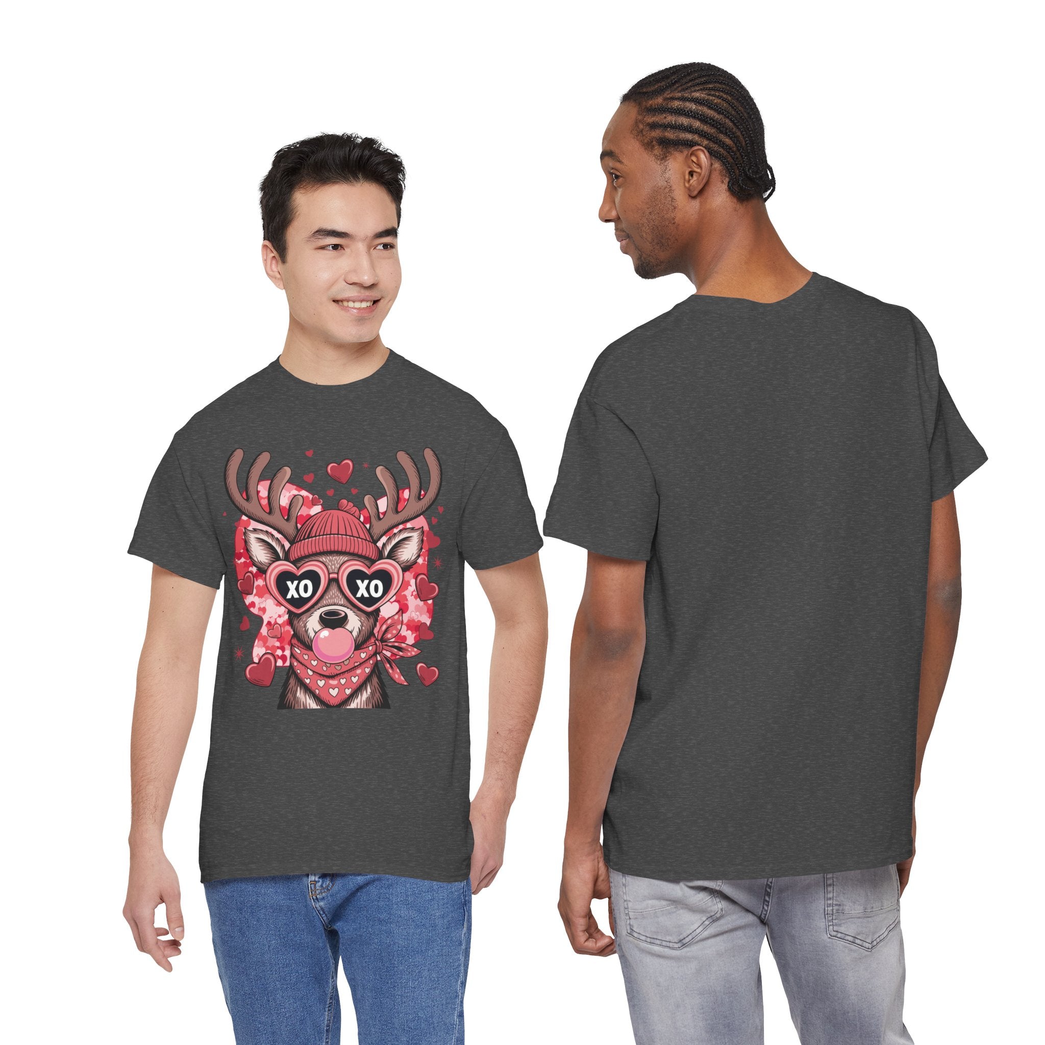 Valentine Deer Tee — Cute XO Heart Glasses, Beanie & Scarf Unisex Cotton Tshirt