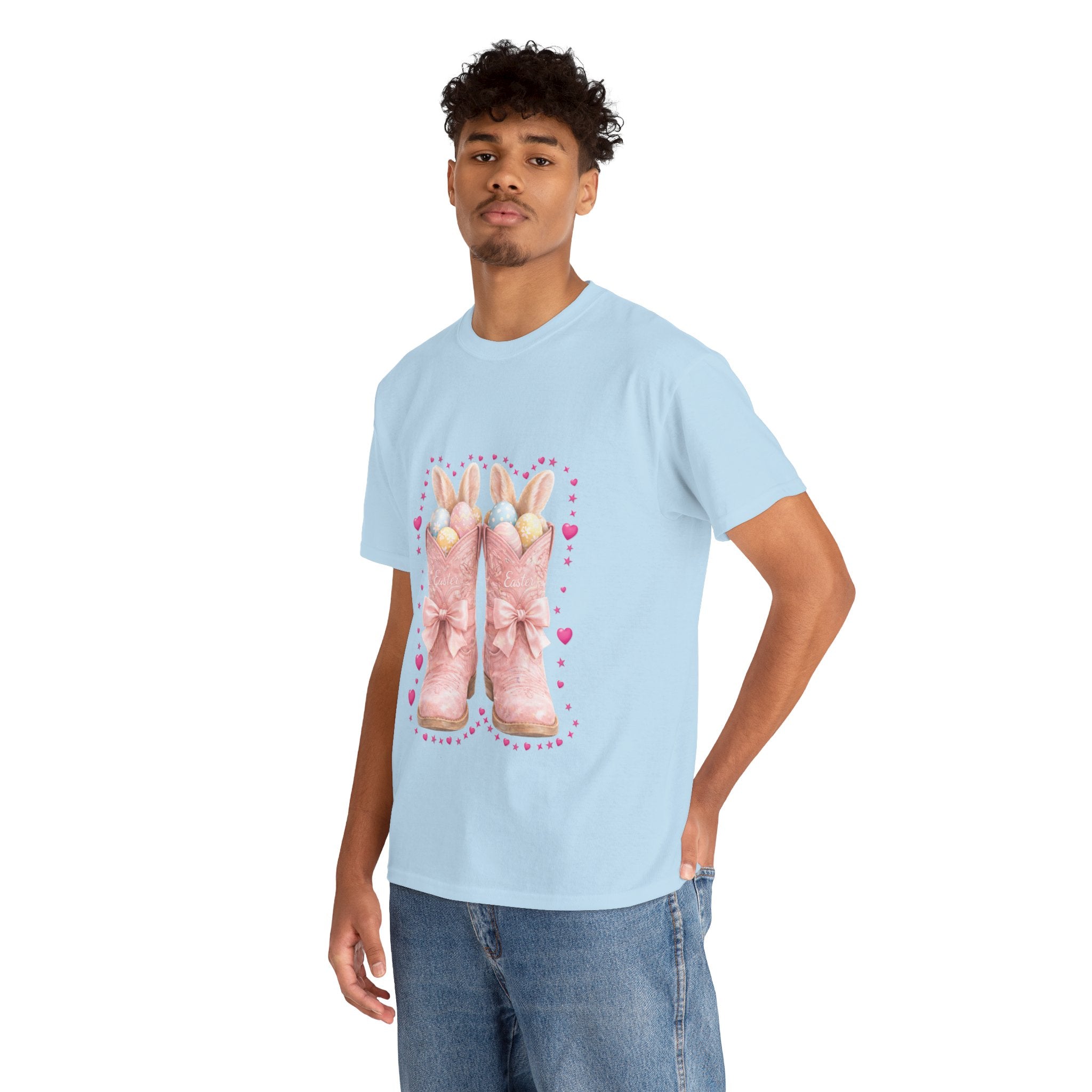 Easter Pink Western Boots Tee — Pastel Bunny Eggs & Bows Unisex Cotton Tee