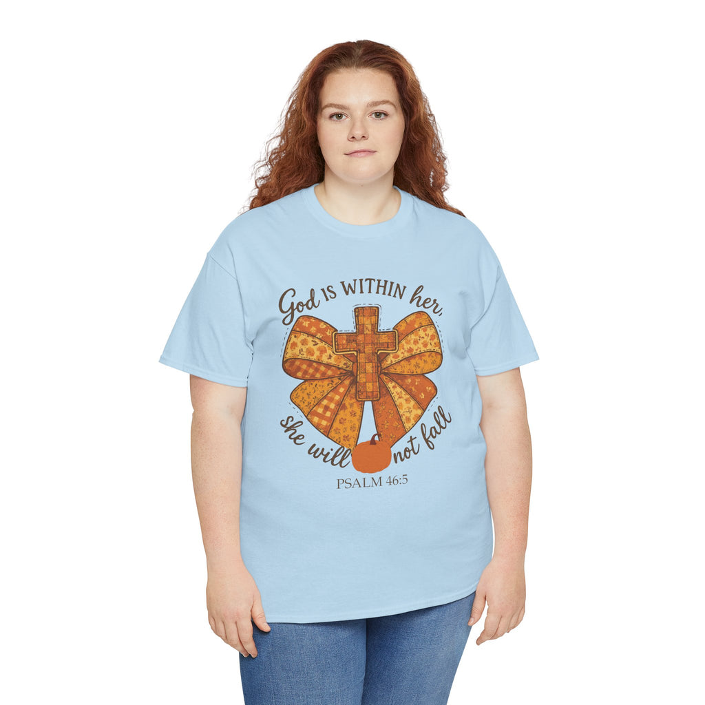 Psalm 46:5 Cross Patchwork Tee — Fall Bow Christian Unisex Cotton T-Shirt