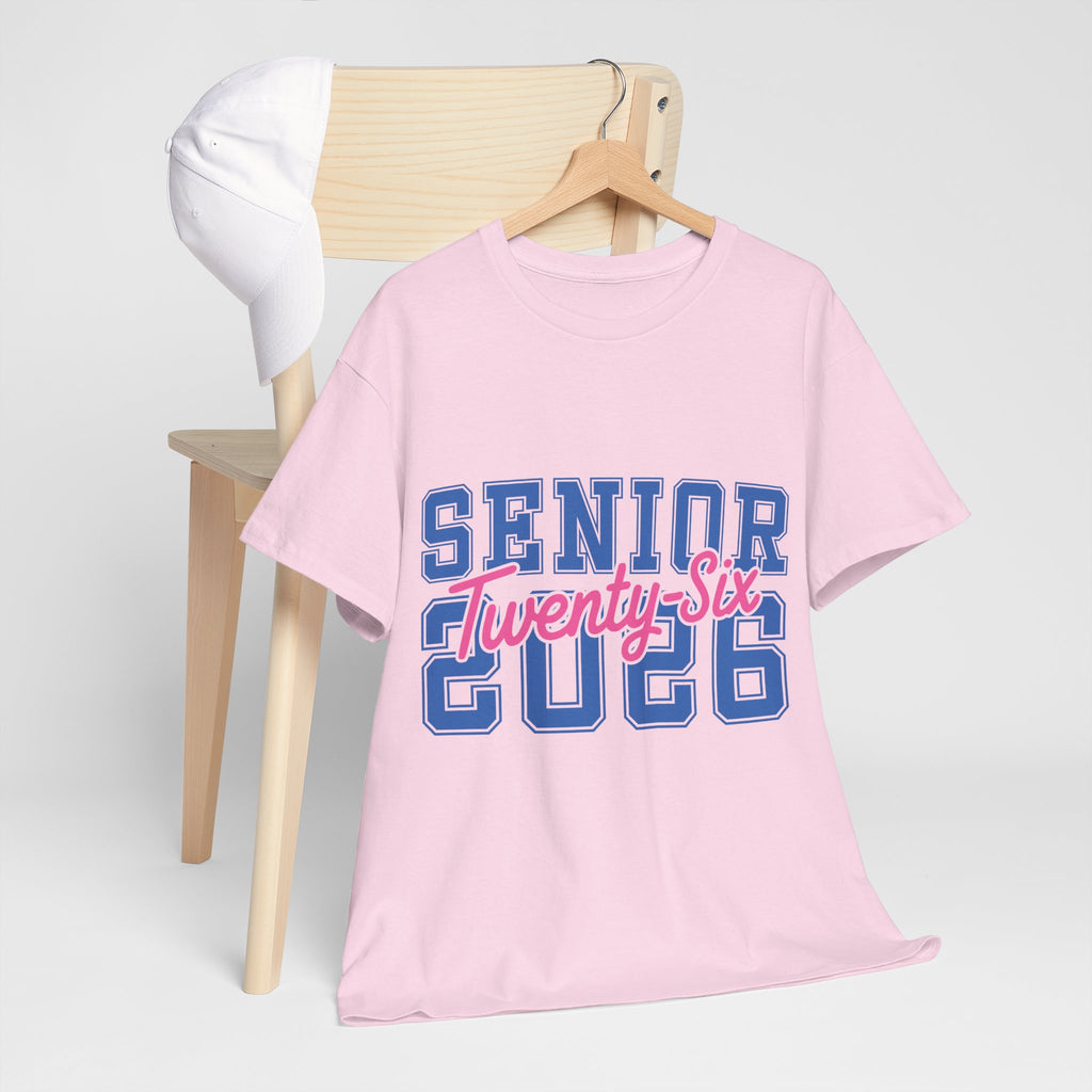 Senior 2026 Tee — Pink Varsity Block with Blue Script Overlay Unisex Cotton Tee