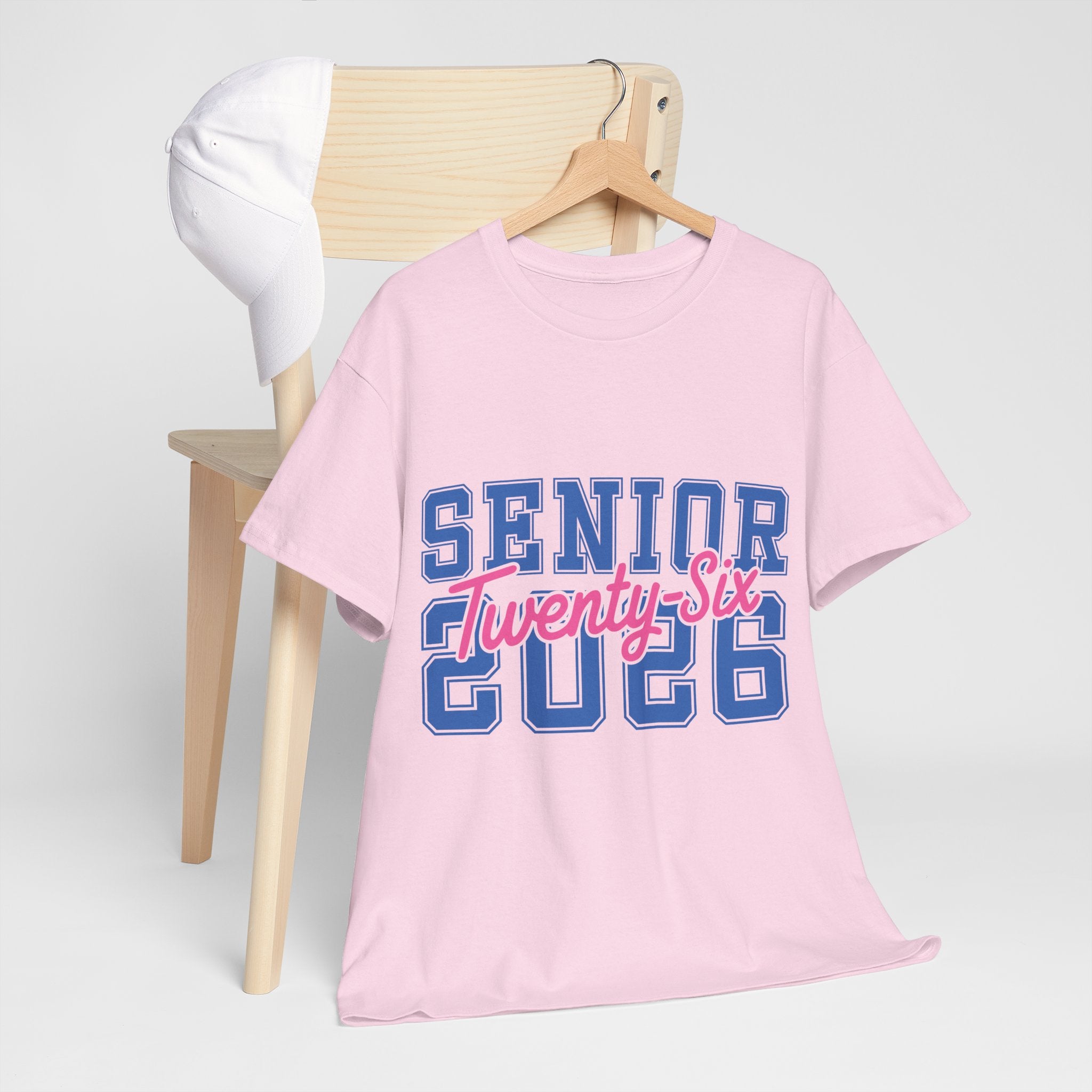 Senior 2026 Tee — Pink Varsity Block with Blue Script Overlay Unisex Cotton Tee