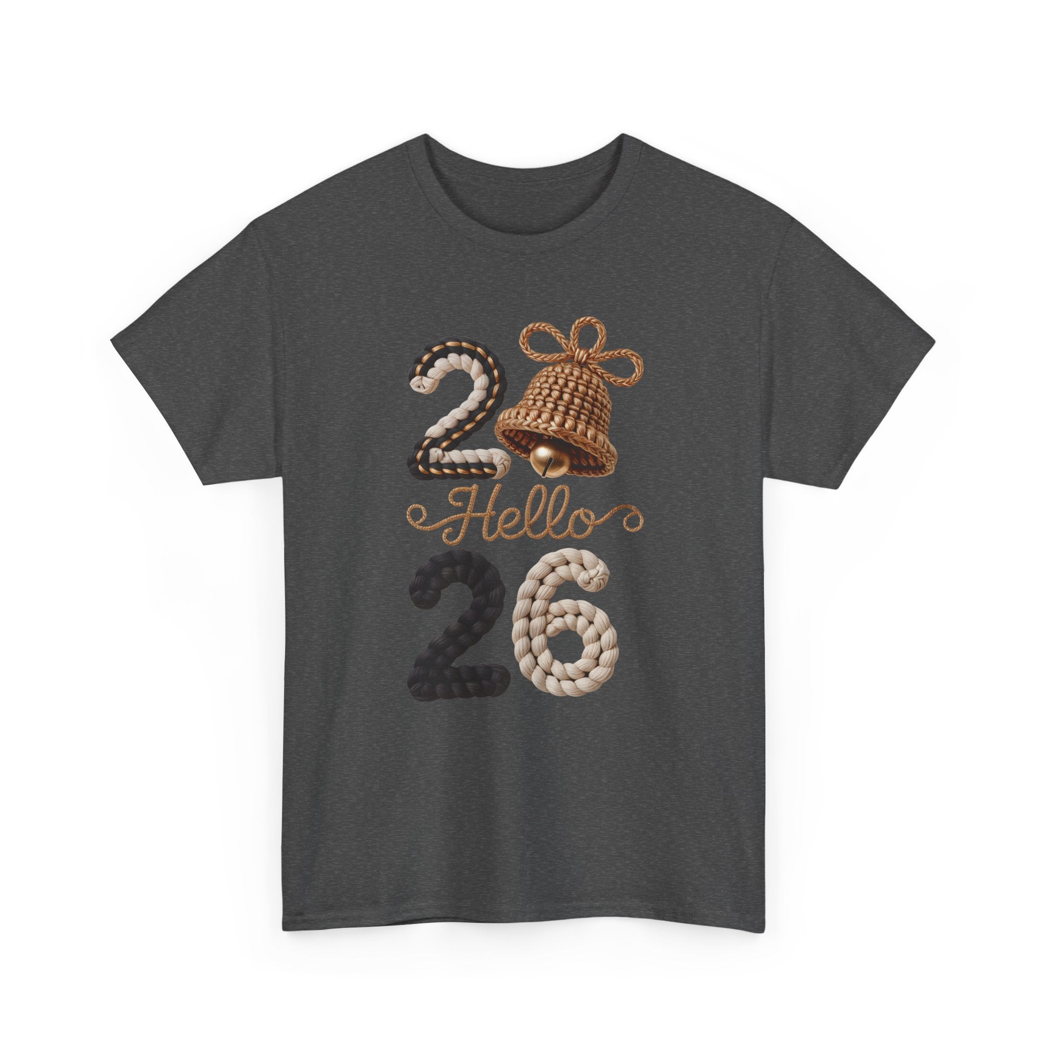 Hello 2026 Tee — Cozy Faux Yarn Braided Numbers with Woven Golden Bell..Unisex Cotton Tee