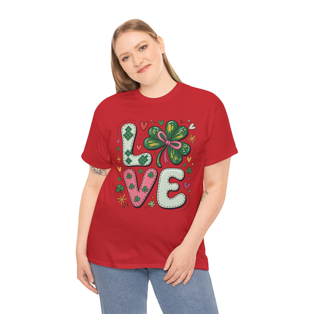 Stitched Clover 'LOVE' Tee — Heart & Patchwork St. Patrick's Unisex Cotton T-Shirt