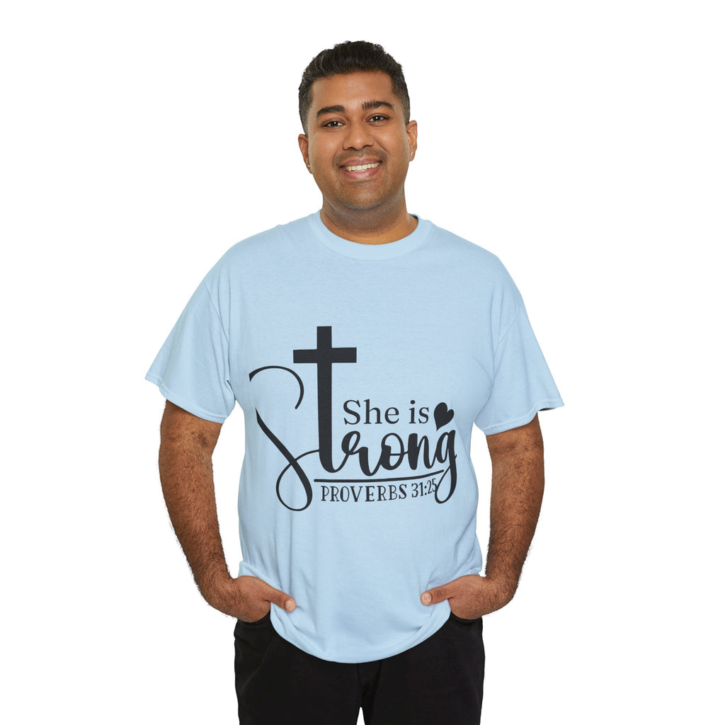Proverbs 31:25 'She is Strong' T-Shirt – Christian Cross & Heart Unisex Cotton Tee